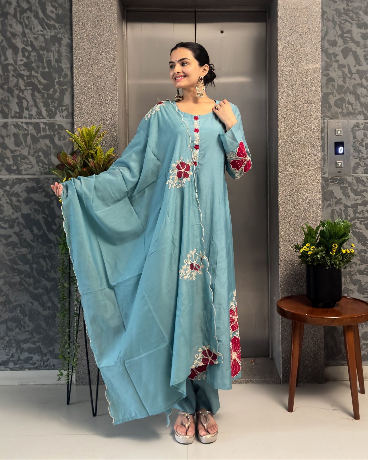 Sky A-Line Kurta Pant Set with Dupatta