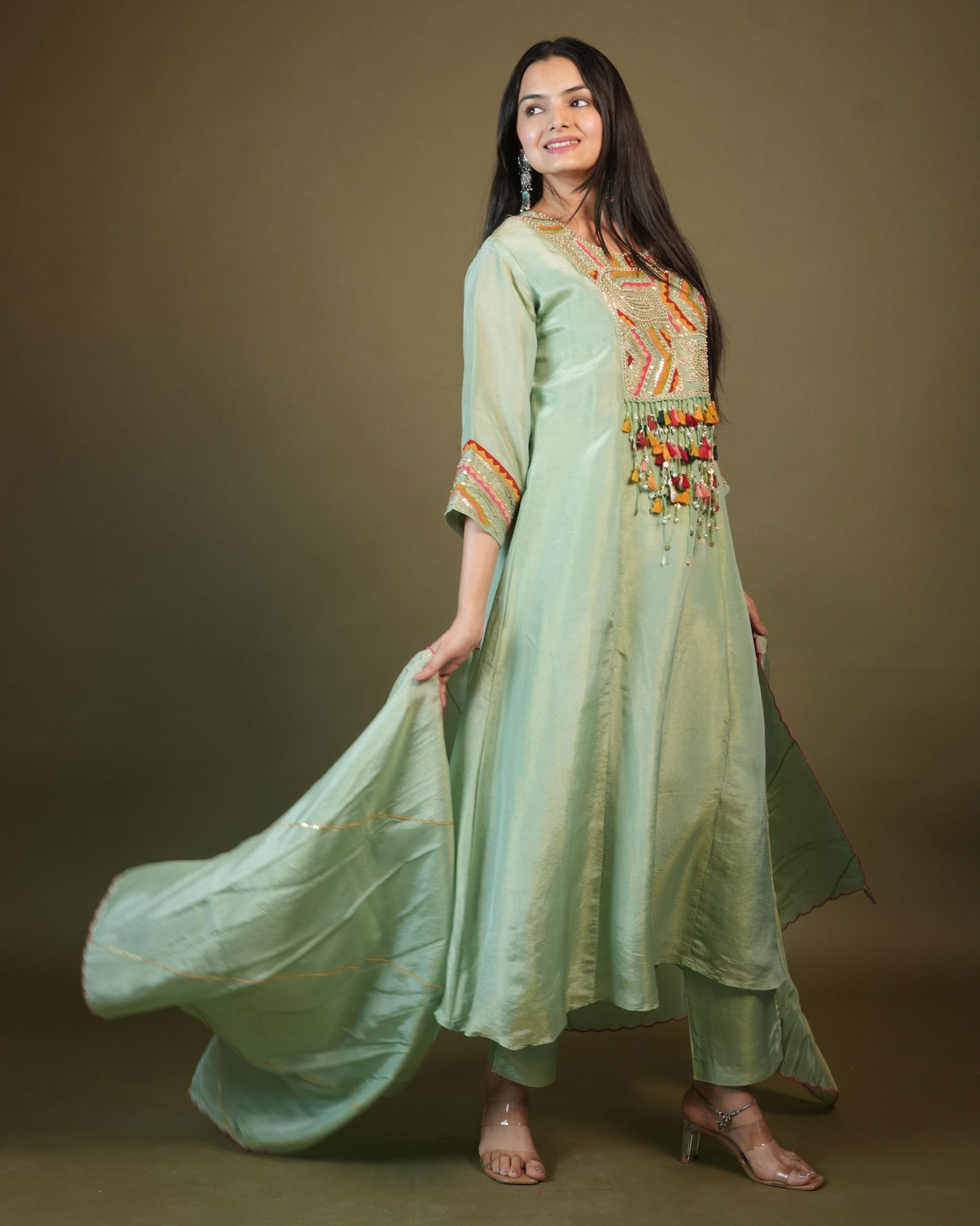 Pista A-Line Round Kurta Pant Set With Dupatta