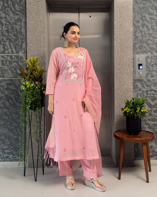 Pink A-Line Round Kurta Pant Set With Dupatta