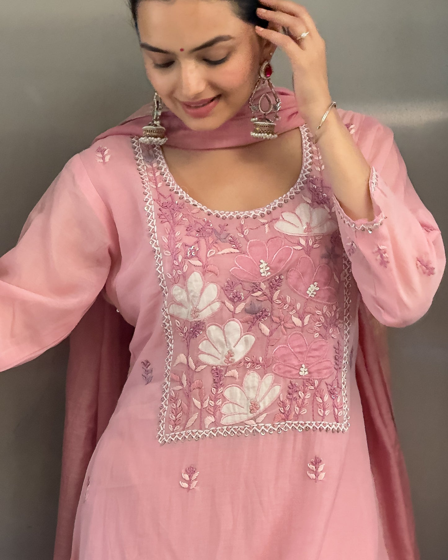 Pink A-Line Round Kurta Pant Set With Dupatta