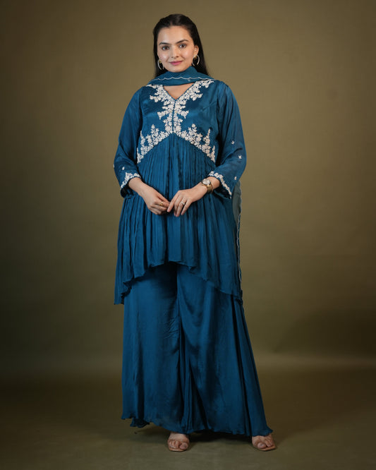 Teal Blue Aliya Cut Kurta Palazzo Set with Dupatta