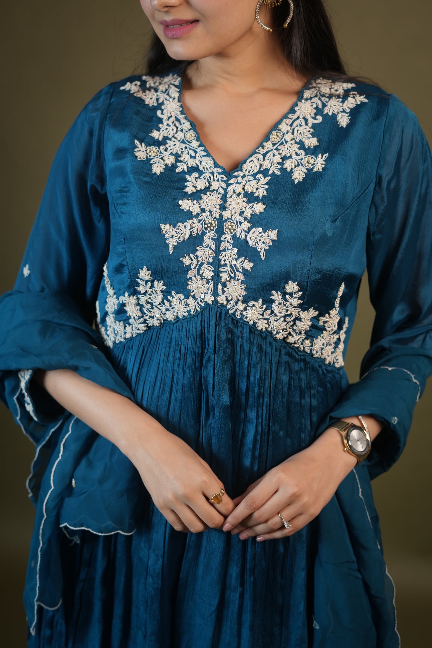Teal Blue Aliya Cut Kurta Palazzo Set with Dupatta