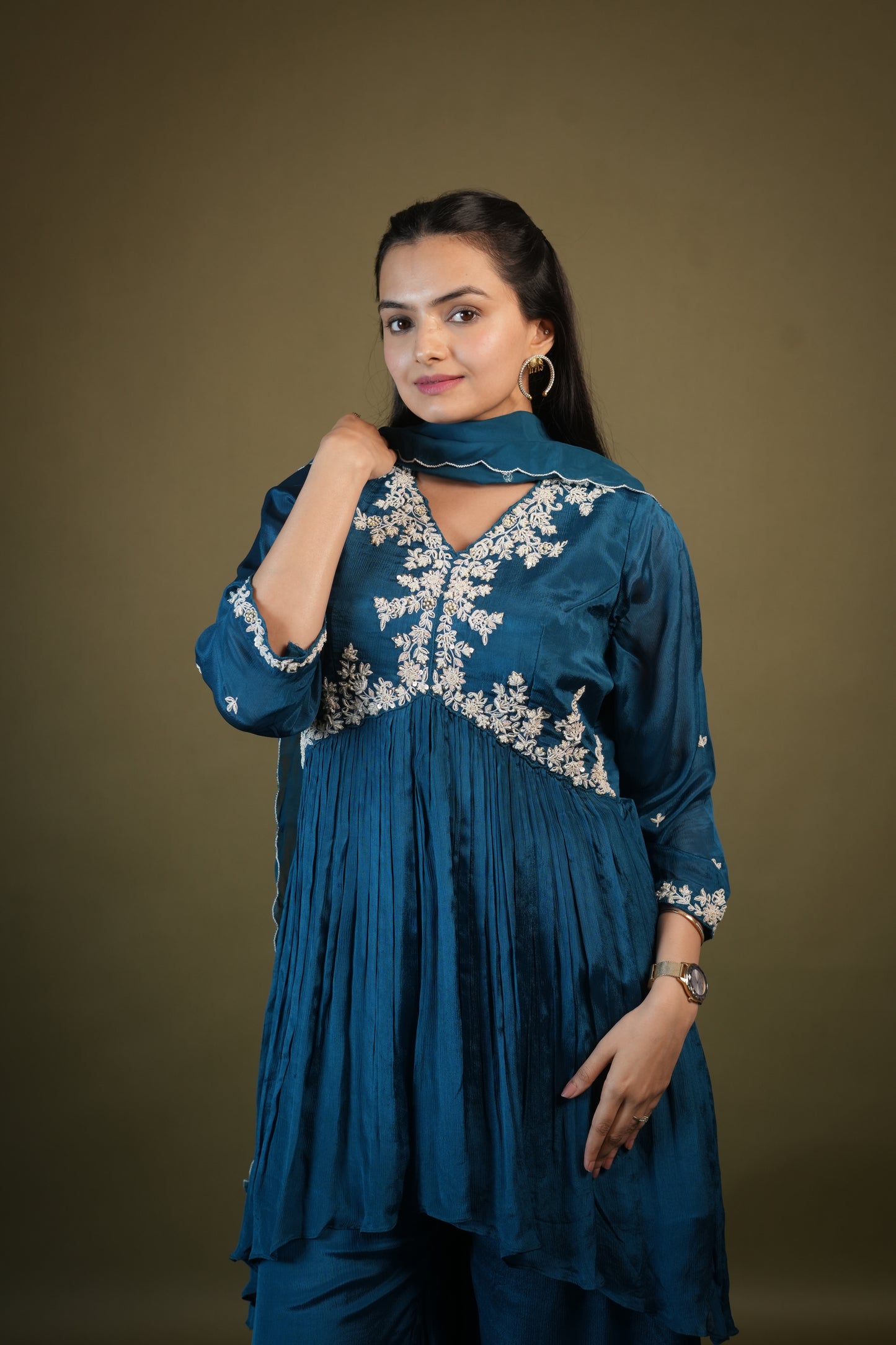 Teal Blue Aliya Cut Kurta Palazzo Set with Dupatta