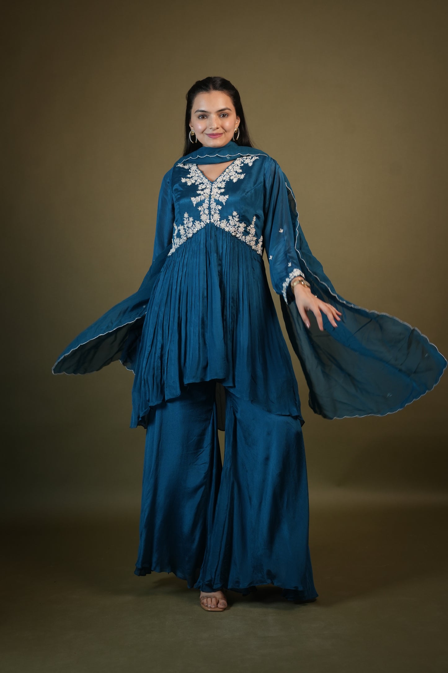 Teal Blue Aliya Cut Kurta Palazzo Set with Dupatta