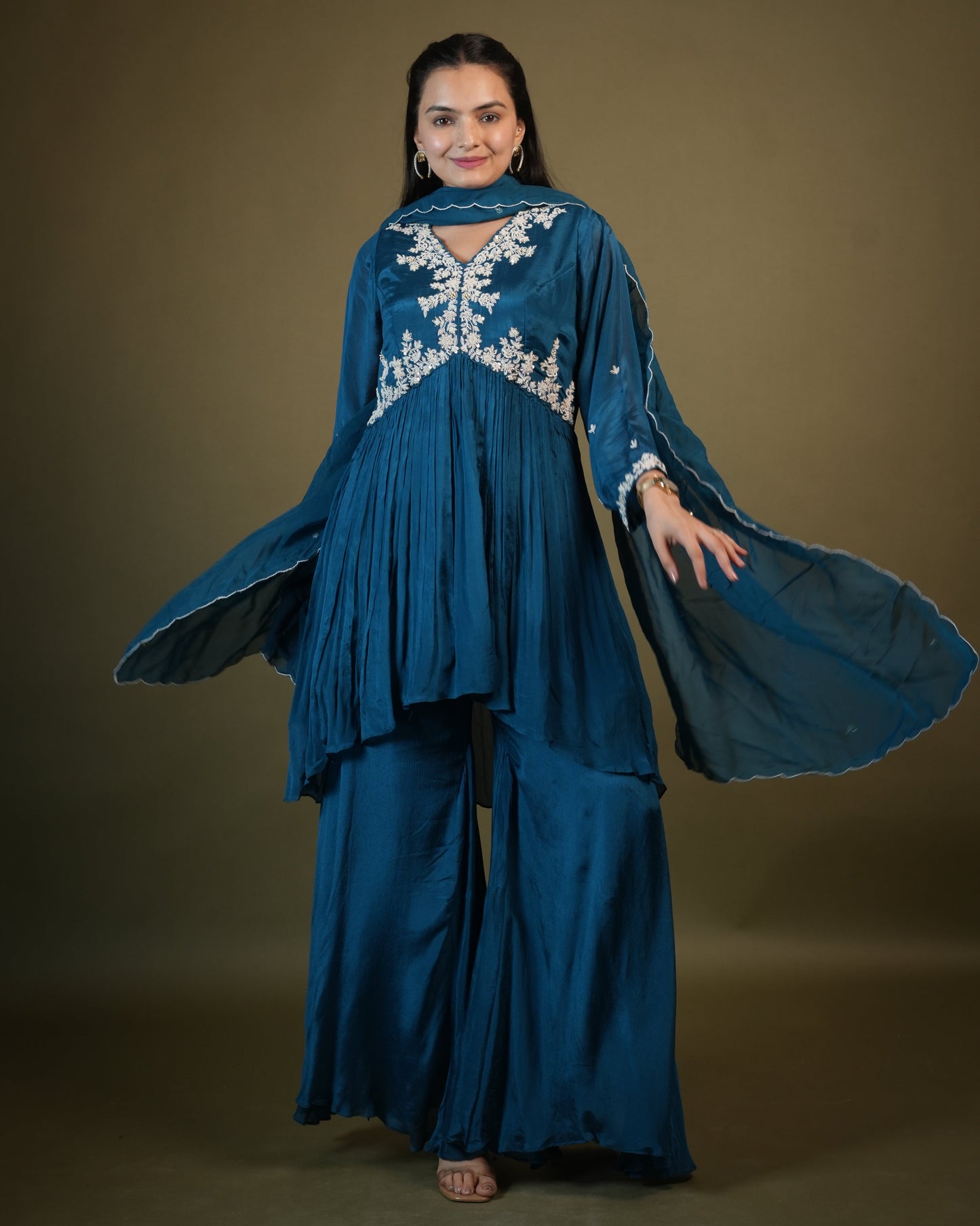Teal Blue Aliya Cut Kurta Palazzo Set with Dupatta
