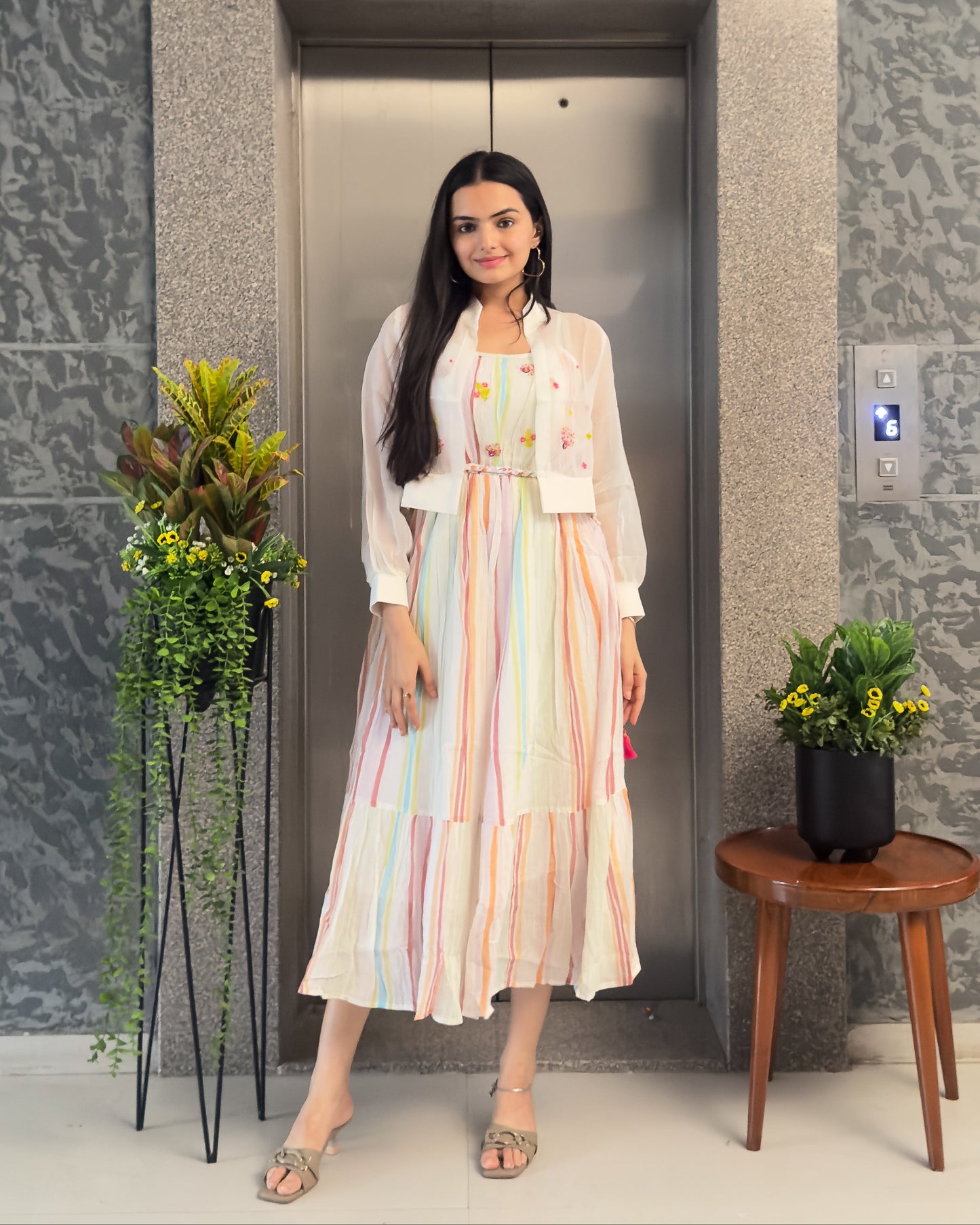 White Cotton One Piece Dress with Organza Jacket