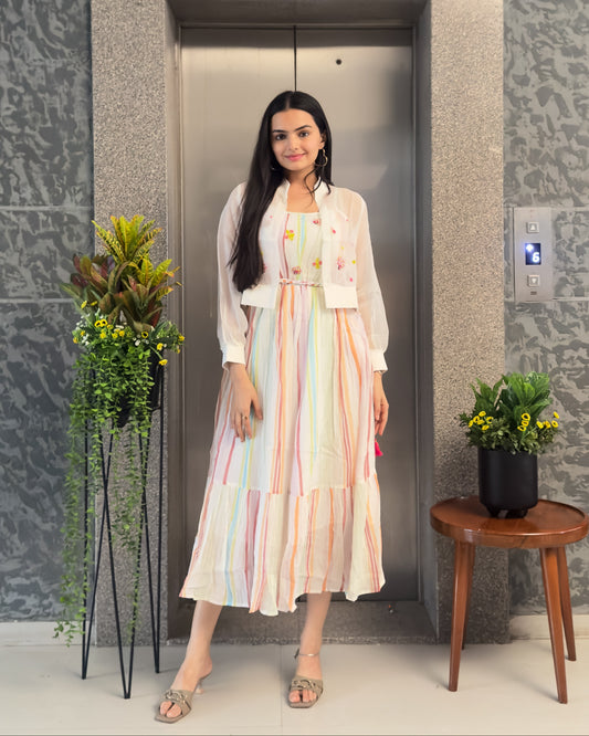 White Cotton One Piece Dress with Organza Jacket