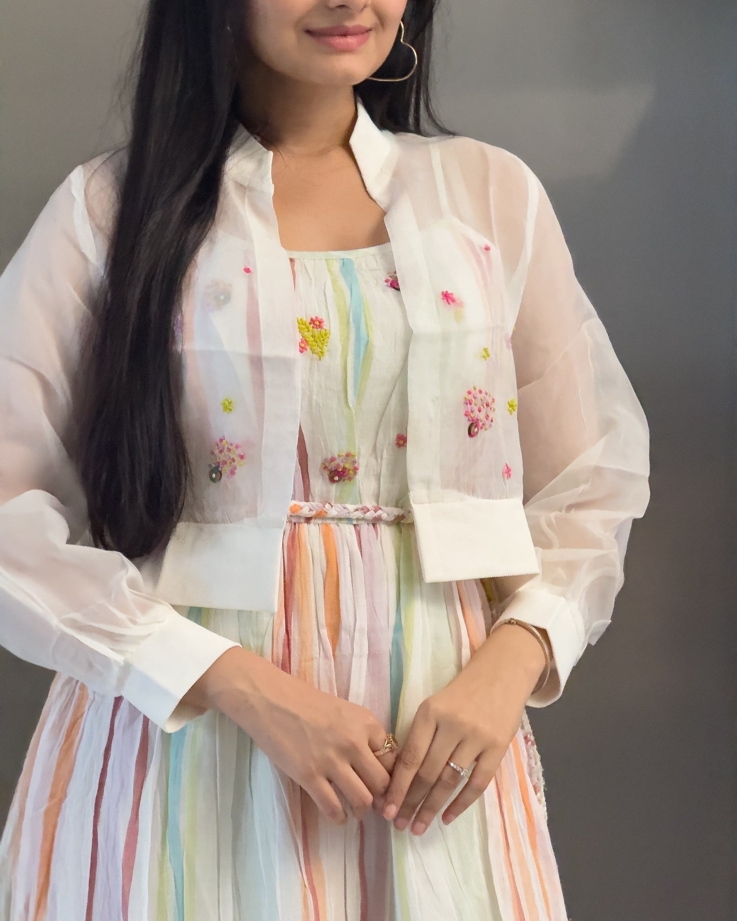 White Cotton One Piece Dress with Organza Jacket