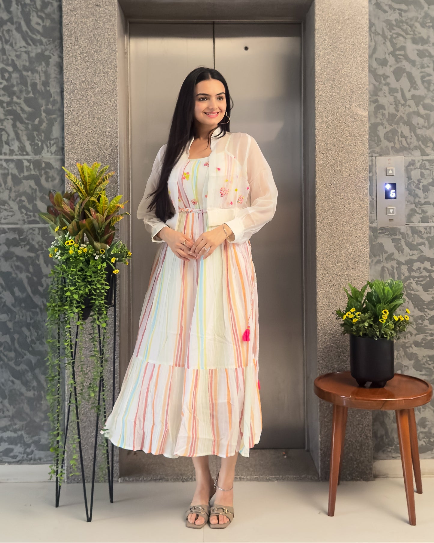 White Cotton One Piece Dress with Organza Jacket