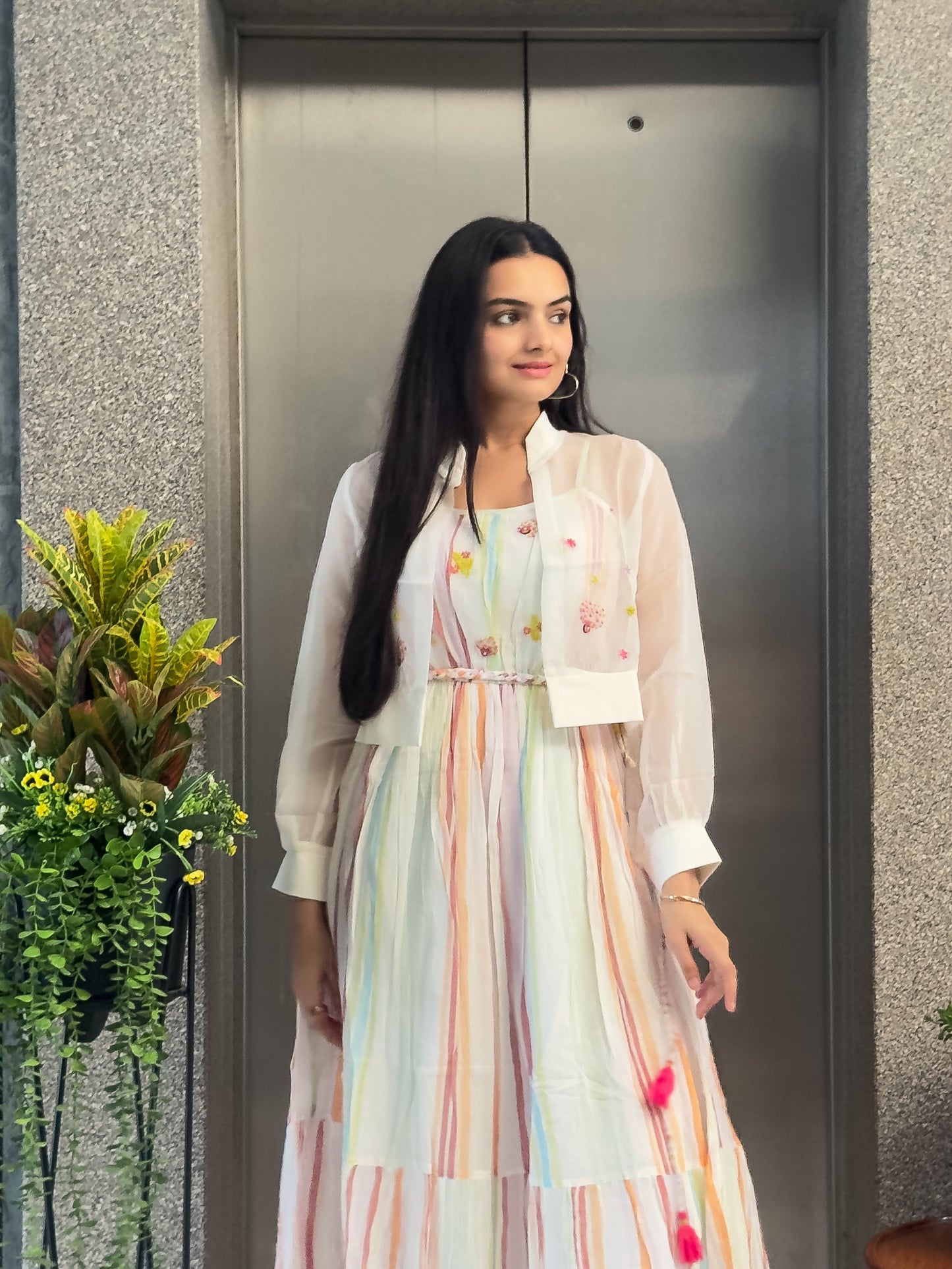 White Cotton One Piece with Organza Jacket