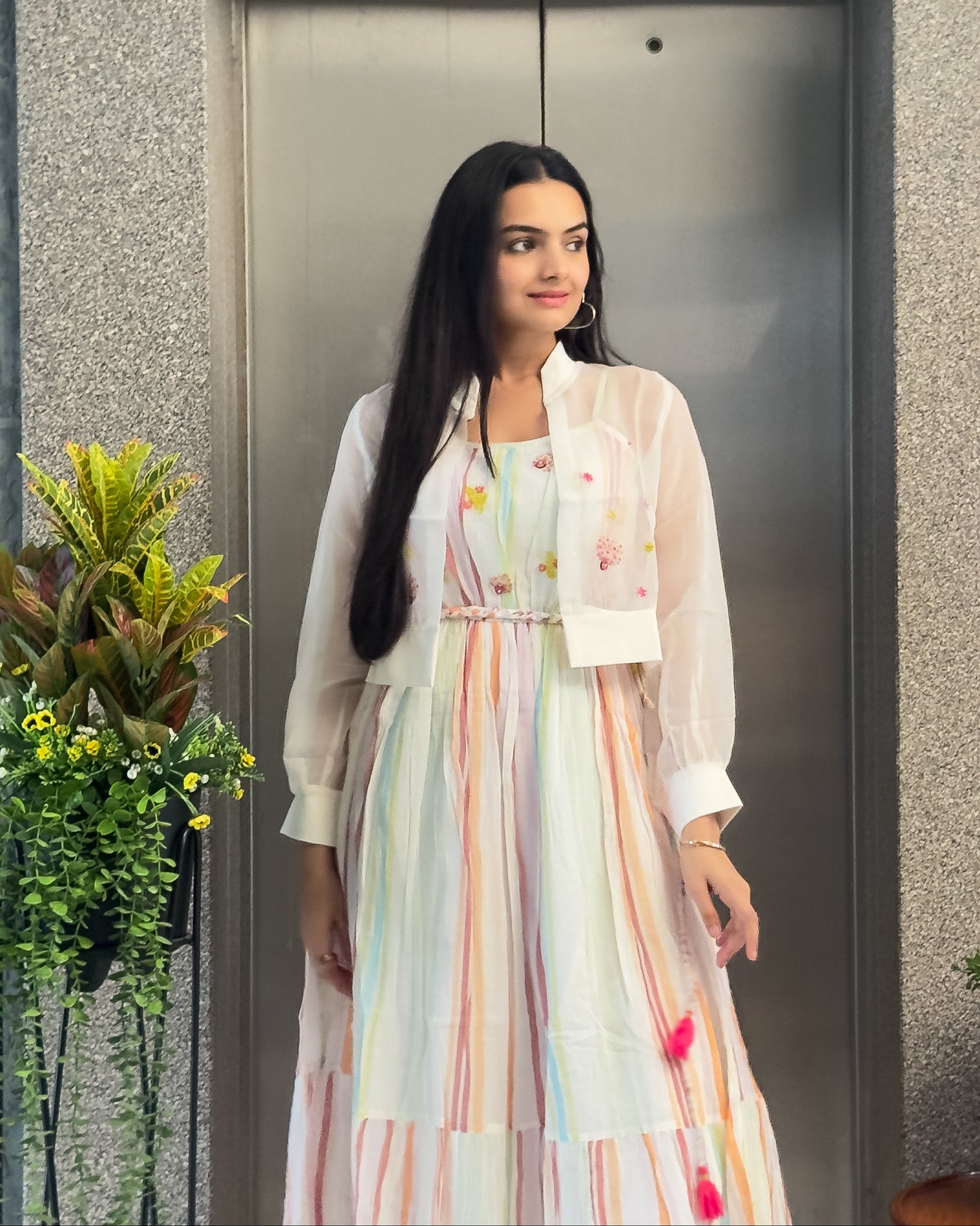 White Cotton One Piece Dress with Organza Jacket