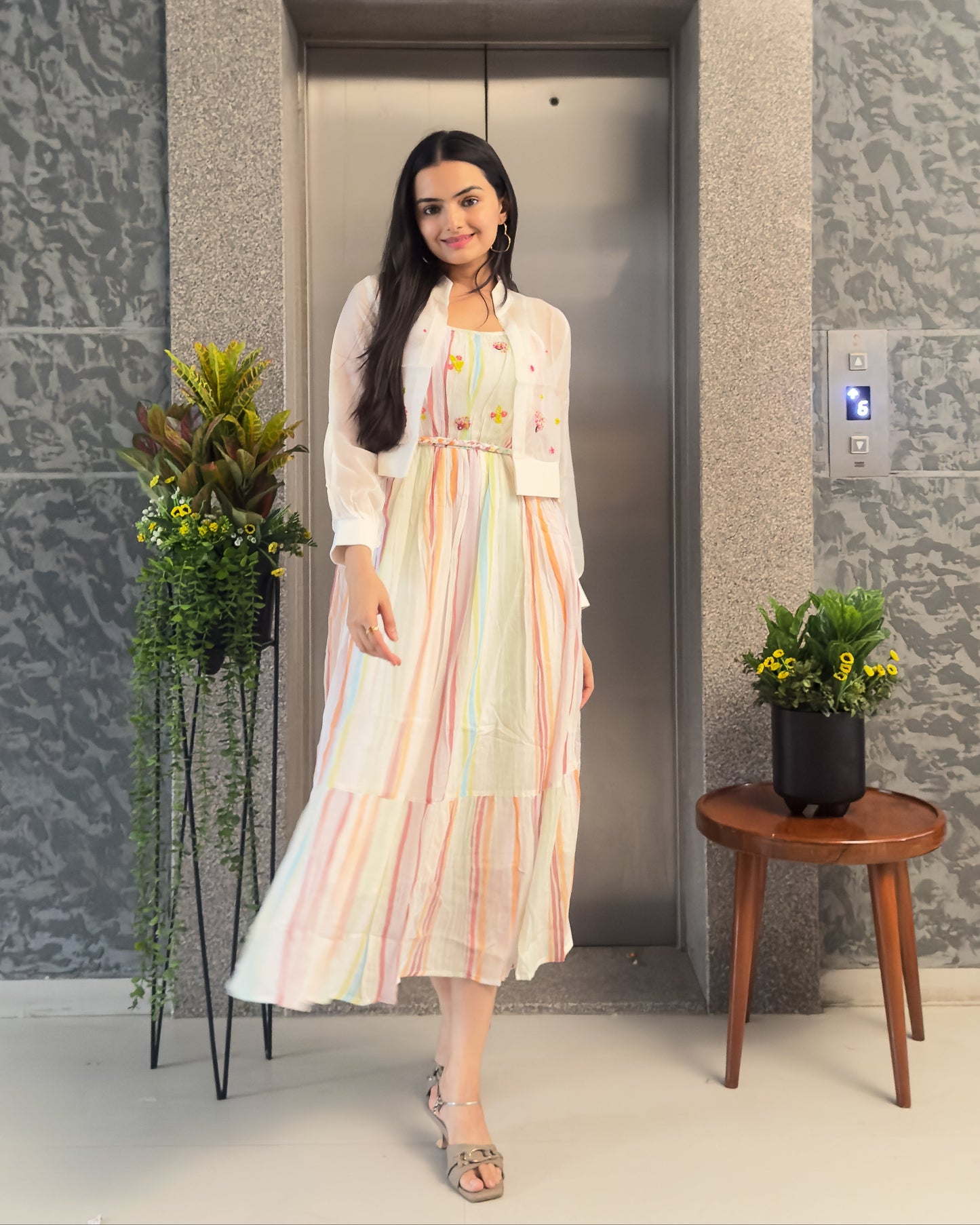 White Cotton One Piece Dress with Organza Jacket