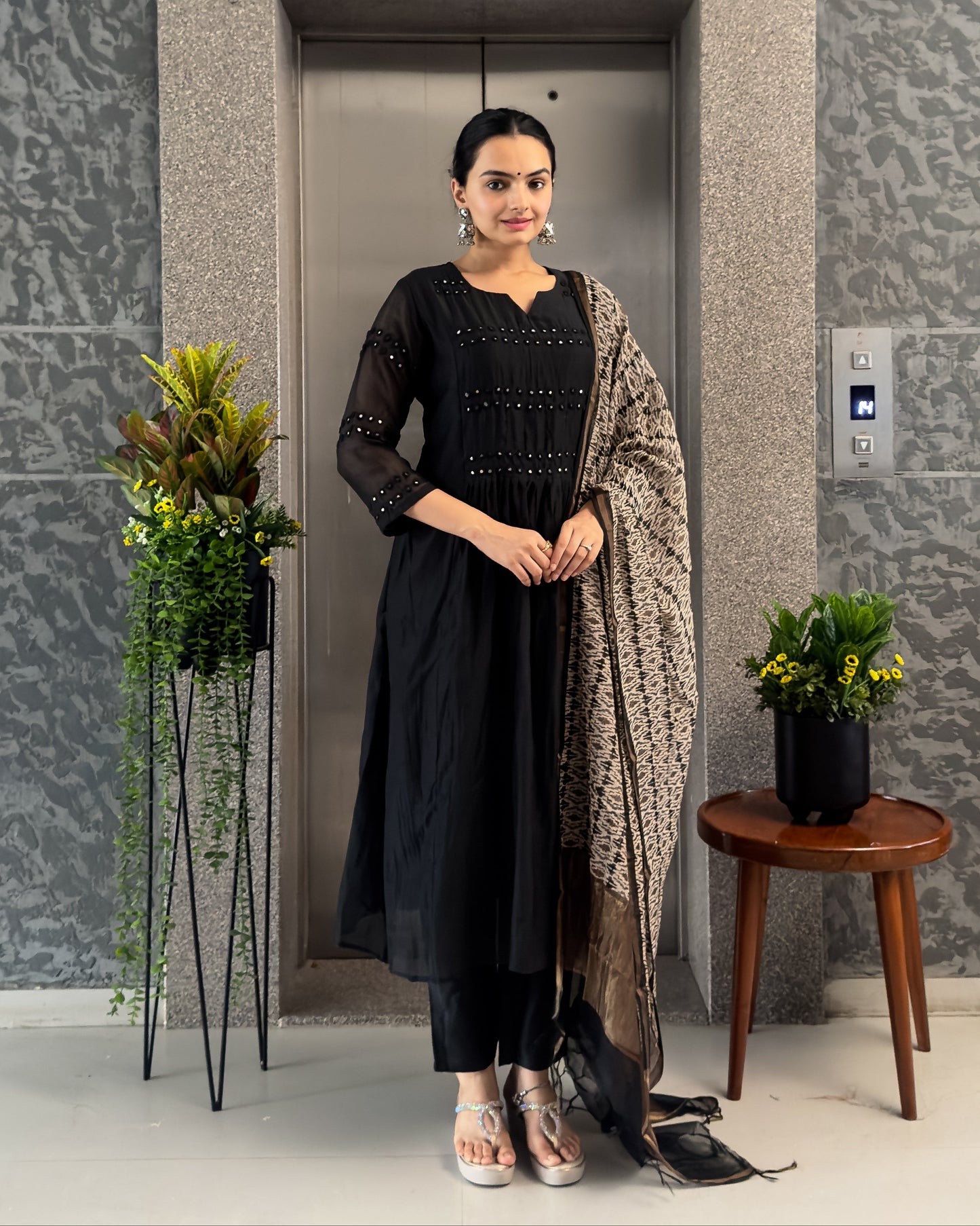 Black A-Line Round Kurta Pant Set with Dupatta