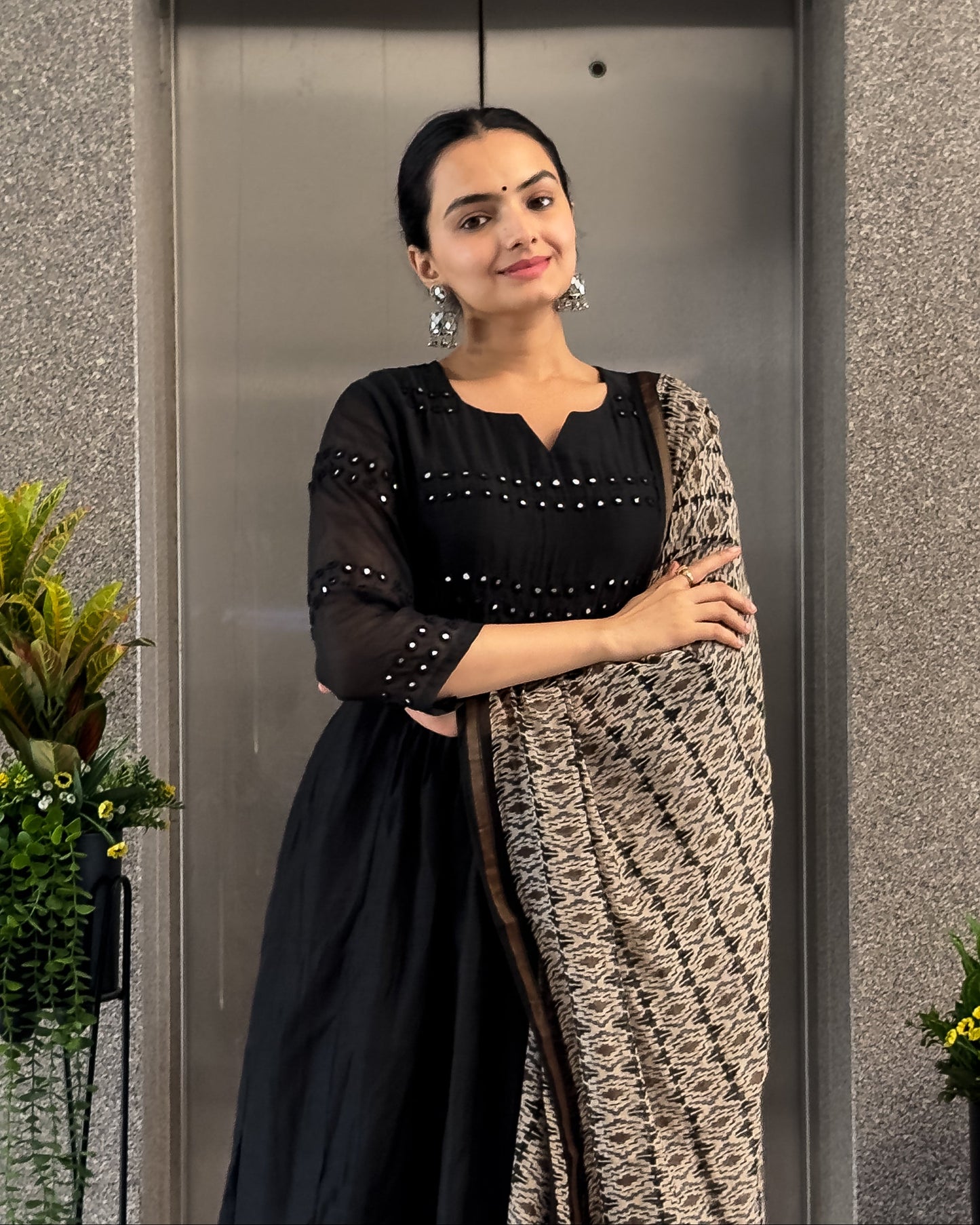 Black A-Line Round Kurta Pant Set with Dupatta