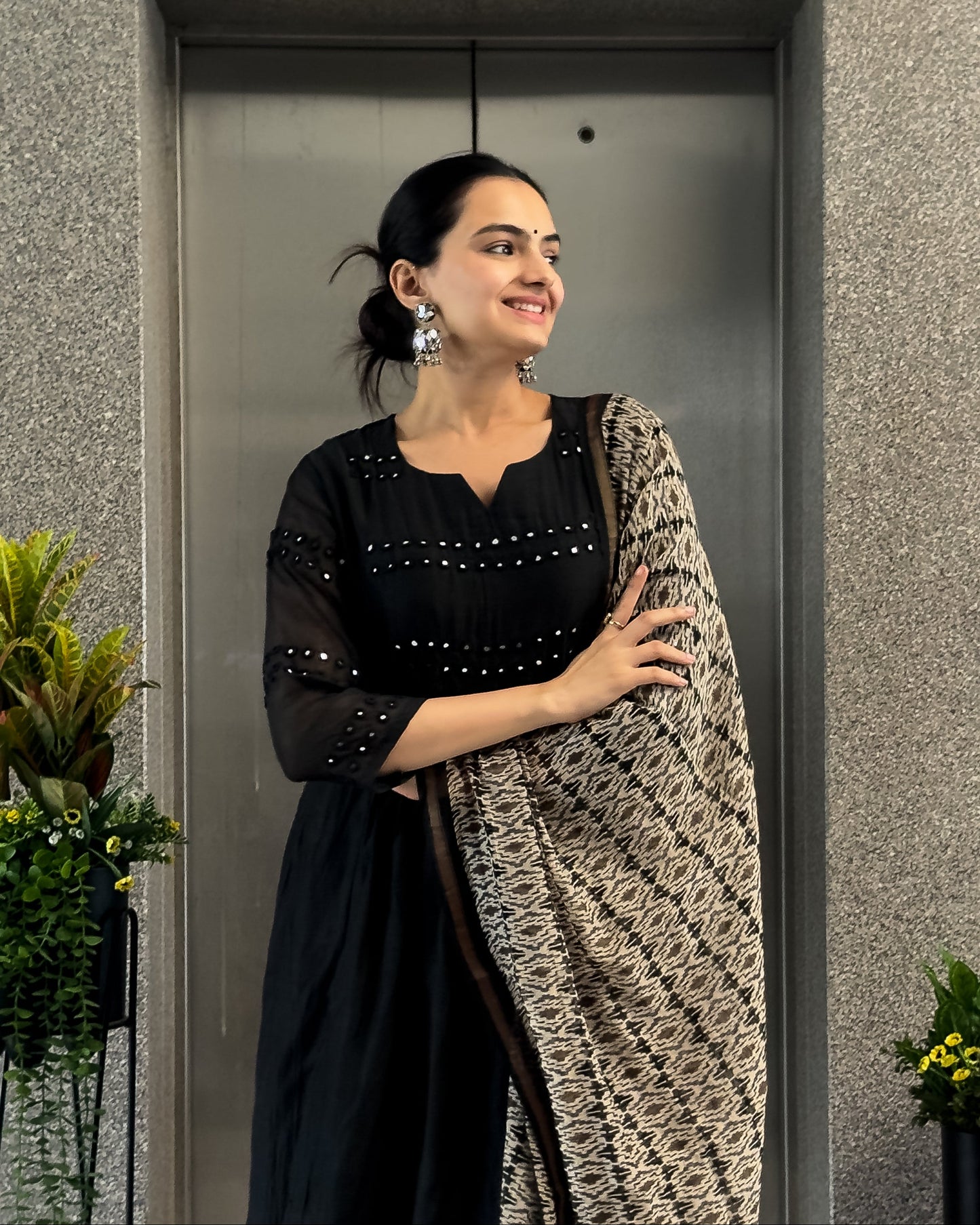 Black A-Line Round Kurta Pant Set with Dupatta