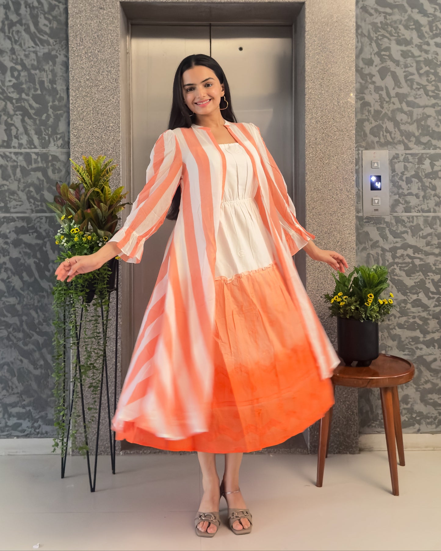 Orange Stylish Shruge & One Piece Dress for Girls