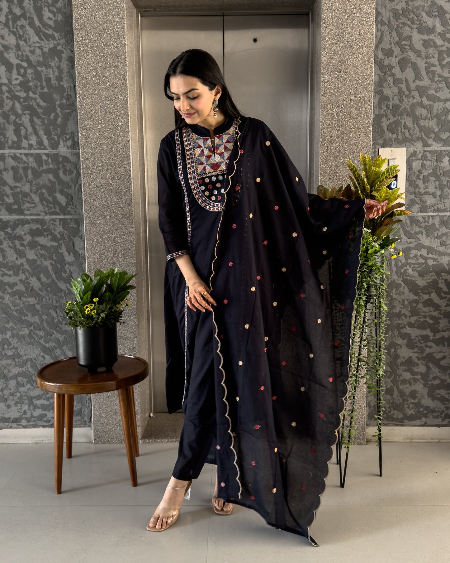 Black A-line Kurta Pant Set with Dupatta