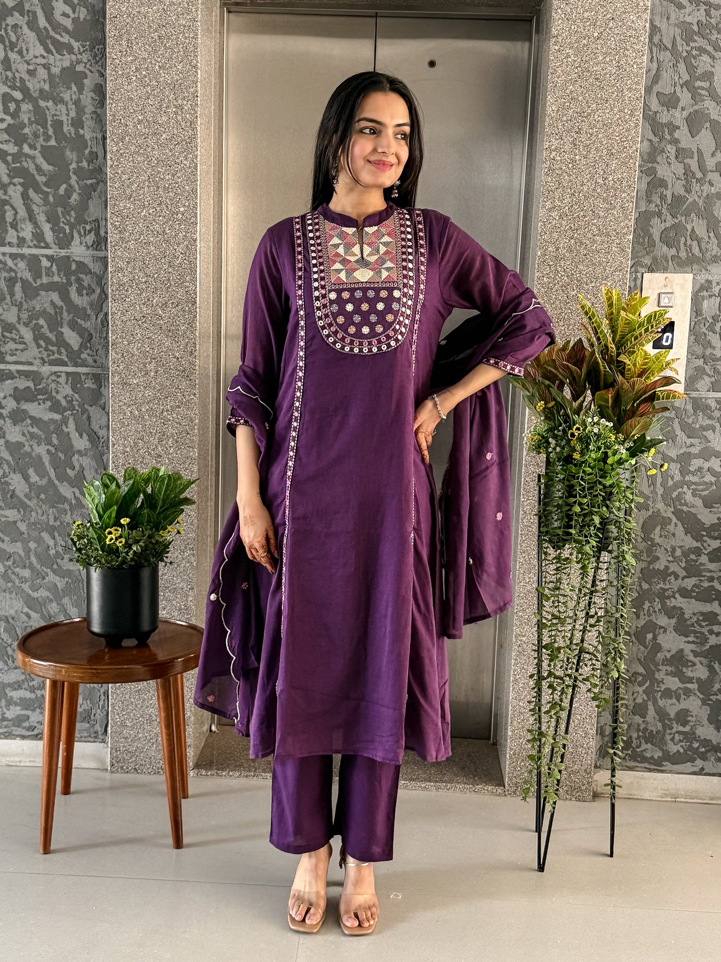 Purple A-line Kurta Pant Set with Dupatta