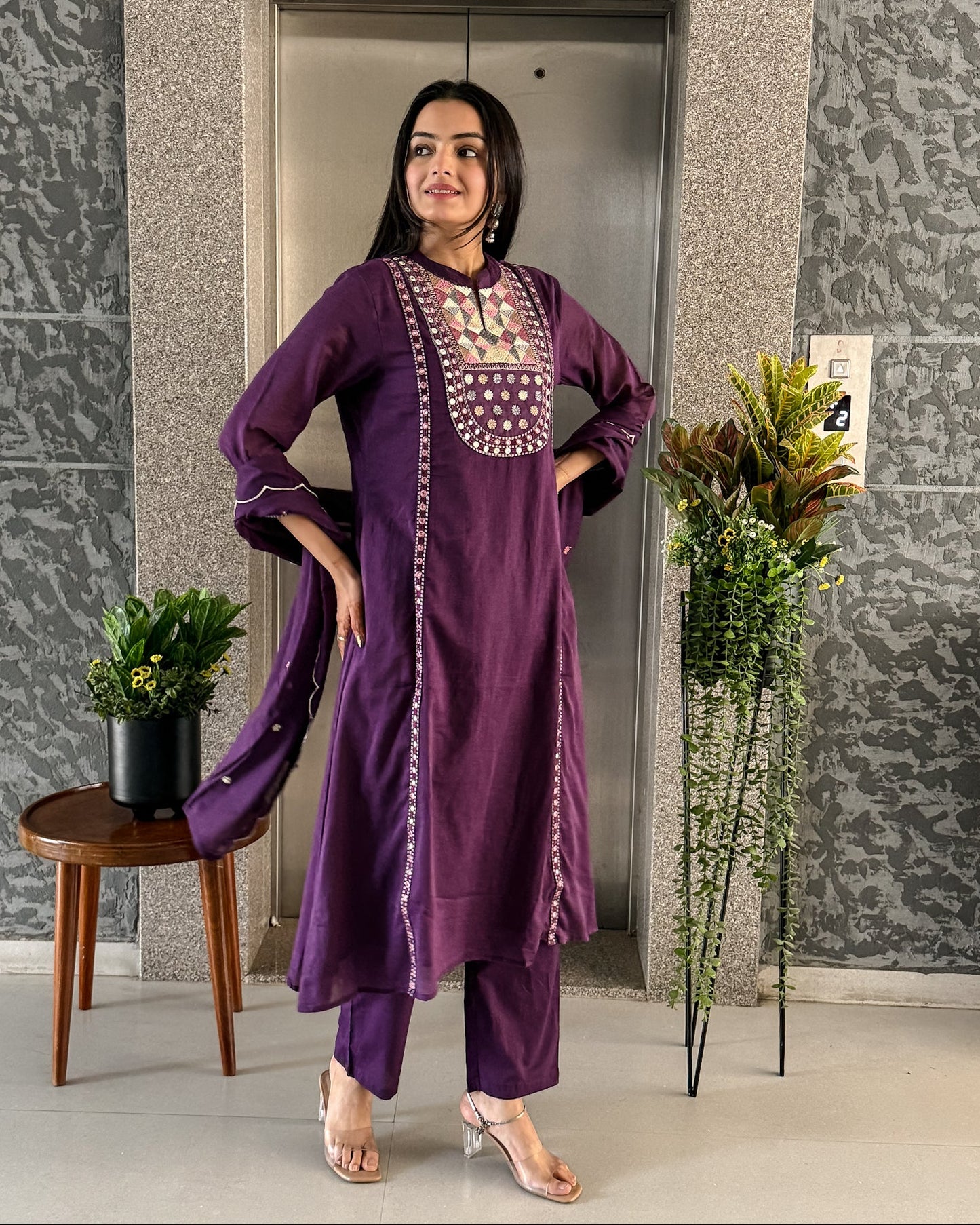 Purple A-line Kurta Pant Set with Dupatta