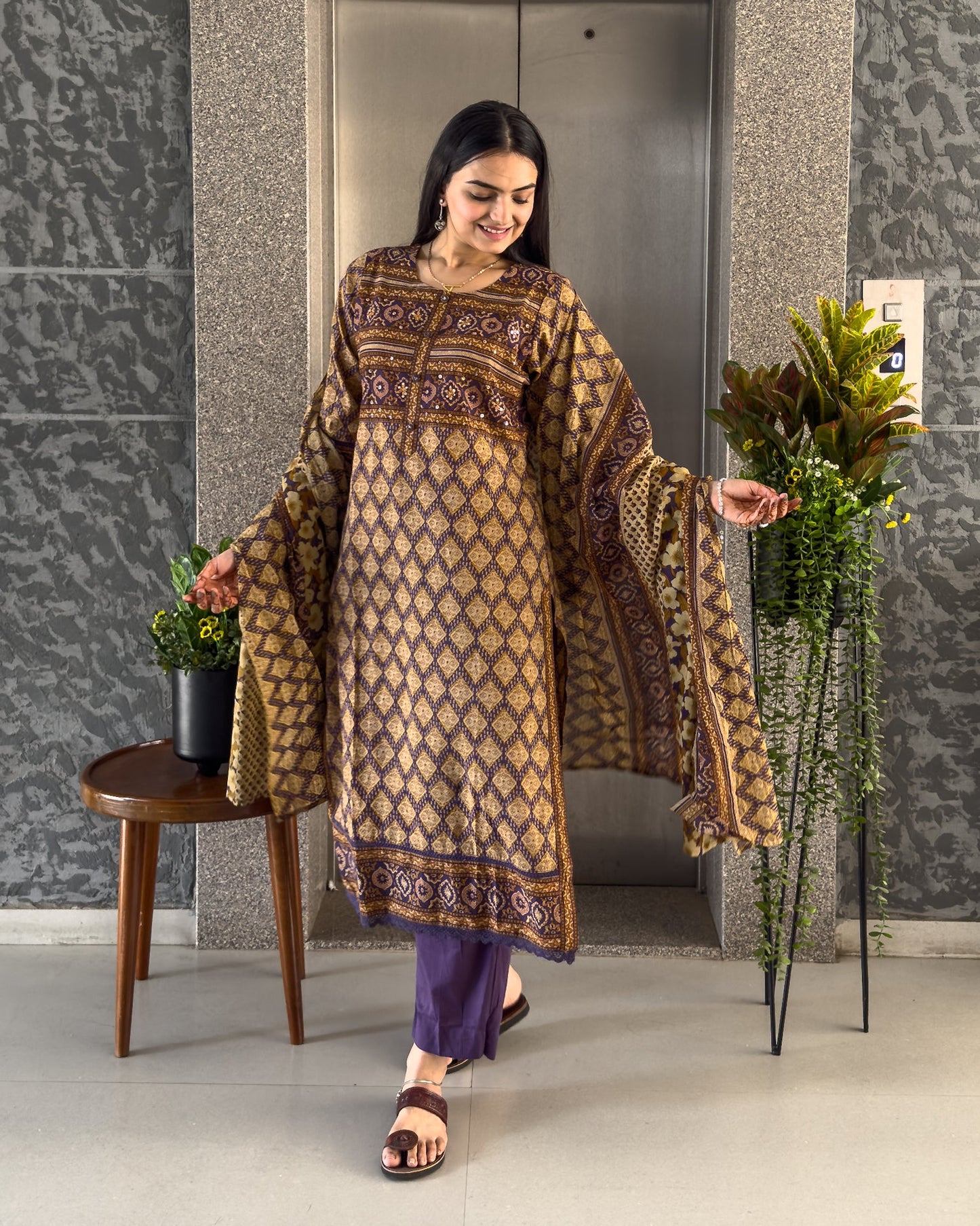 Purple Straight Kurta Pant Set with Dupatta