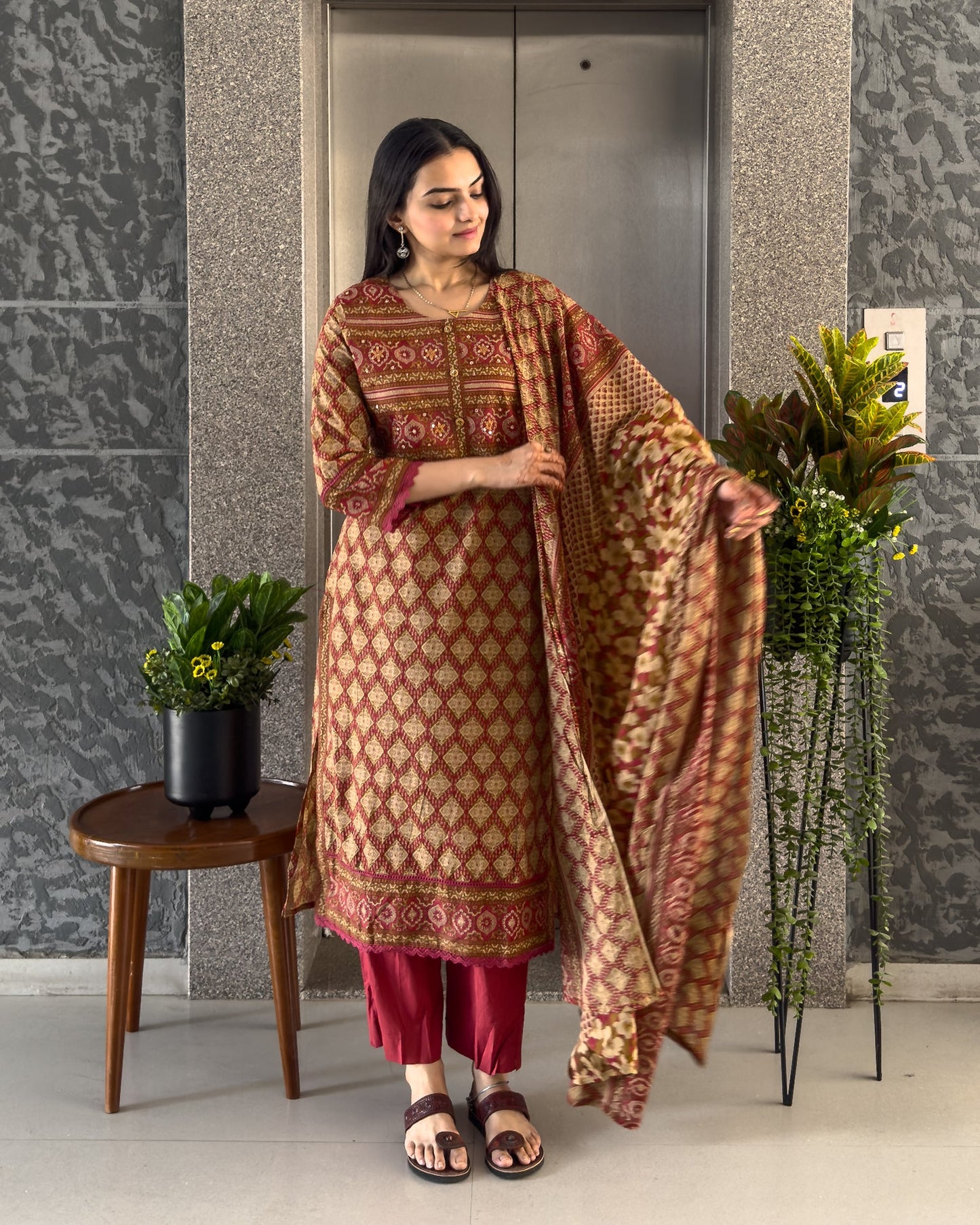 Red Straight Kurta Pant Set with Dupatta