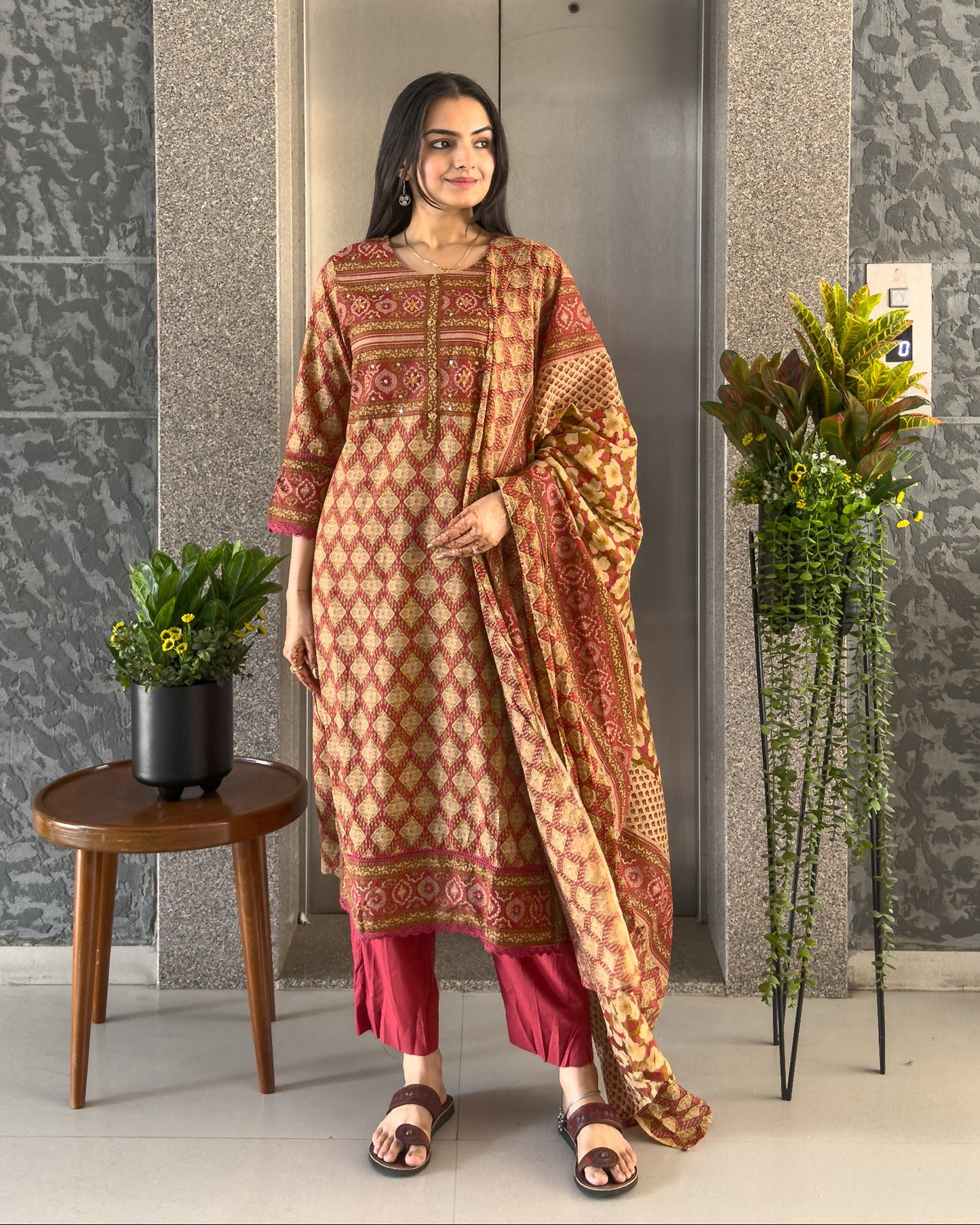 Red Straight Kurta Pant Set with Dupatta