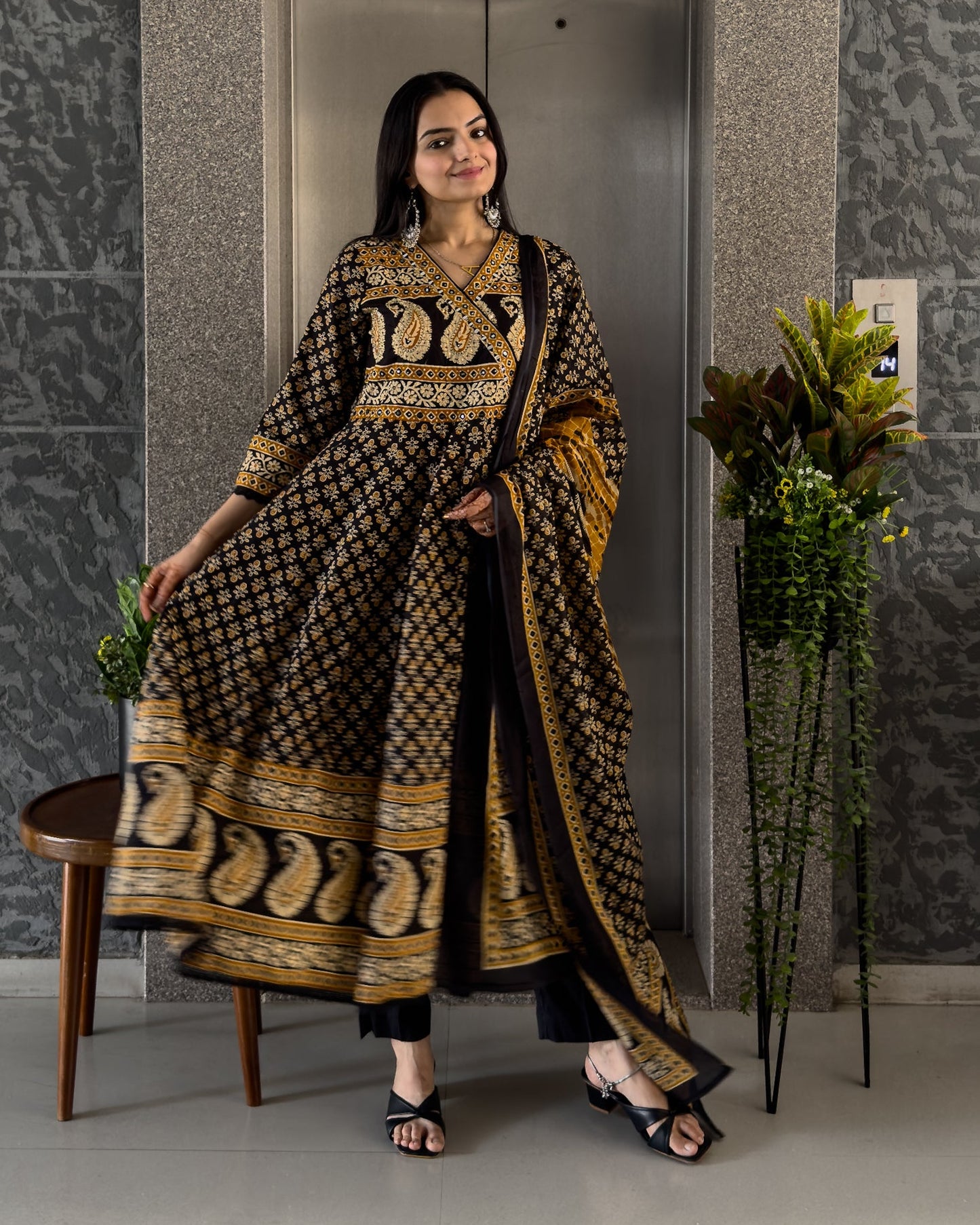 Black Angrakha Style Kurta Pant Set with Dupatta