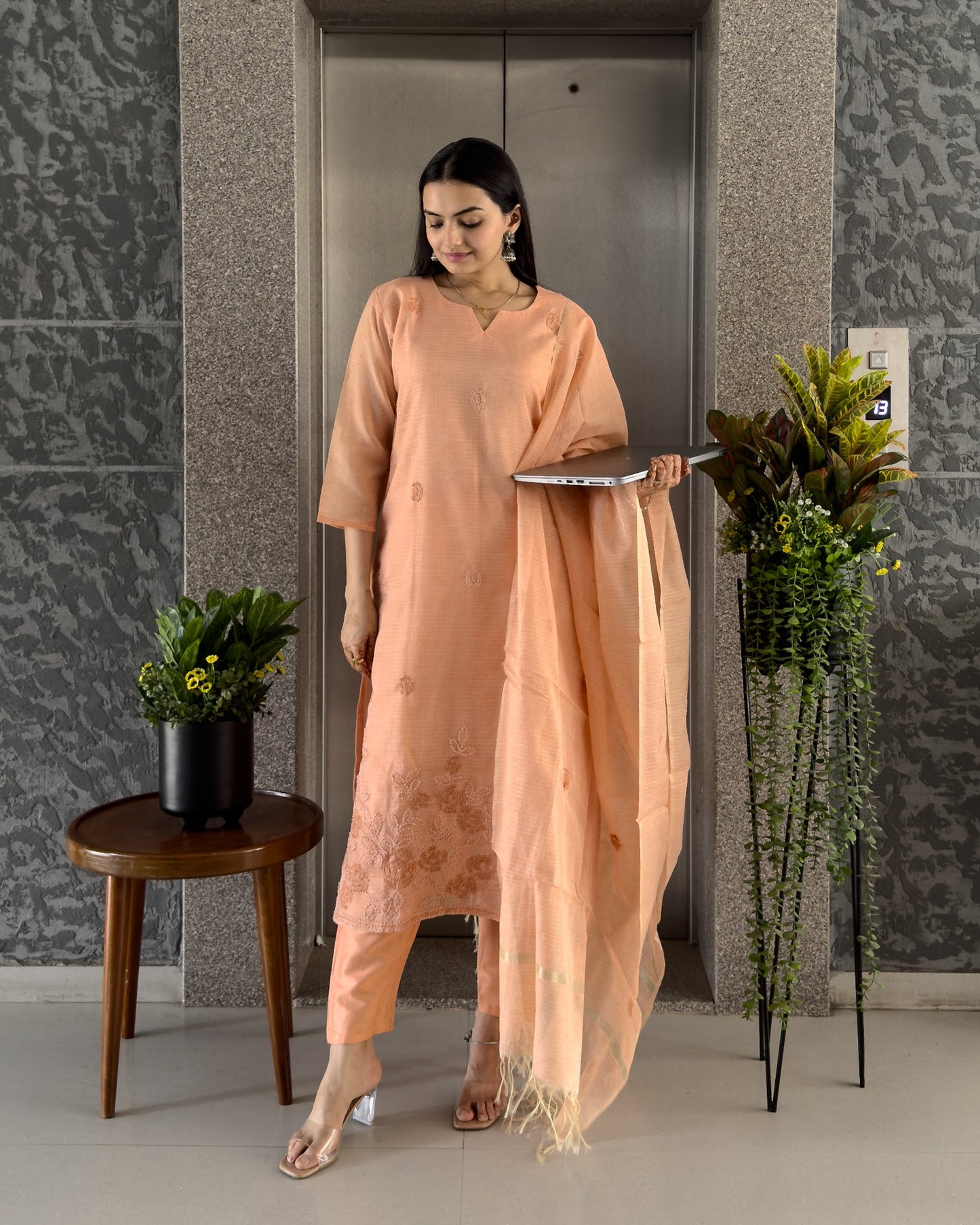 Peach Straight Kurta Pant Set with Dupatta