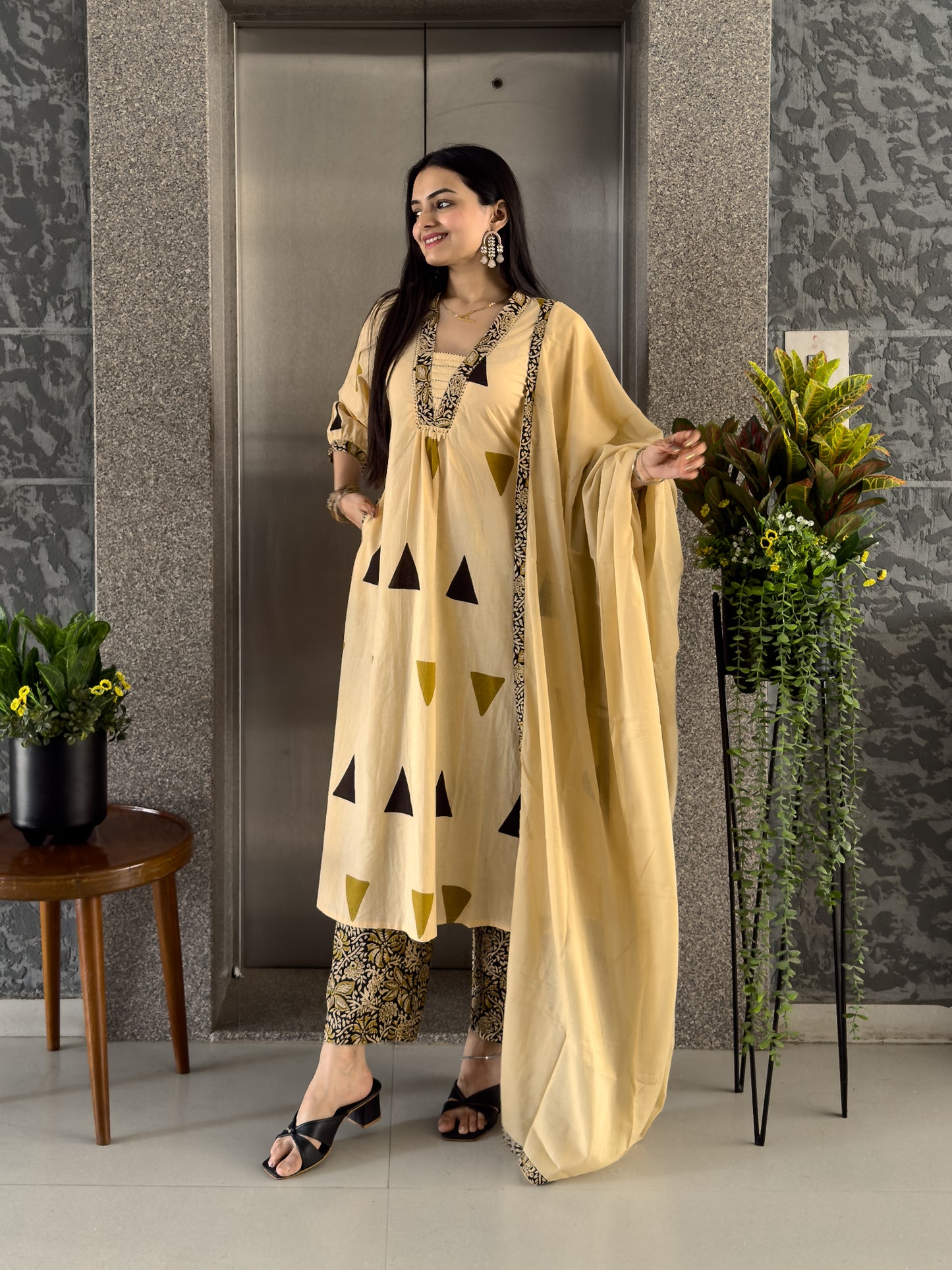 Cream A-Line Kurta Palazzo Set with Dupatta