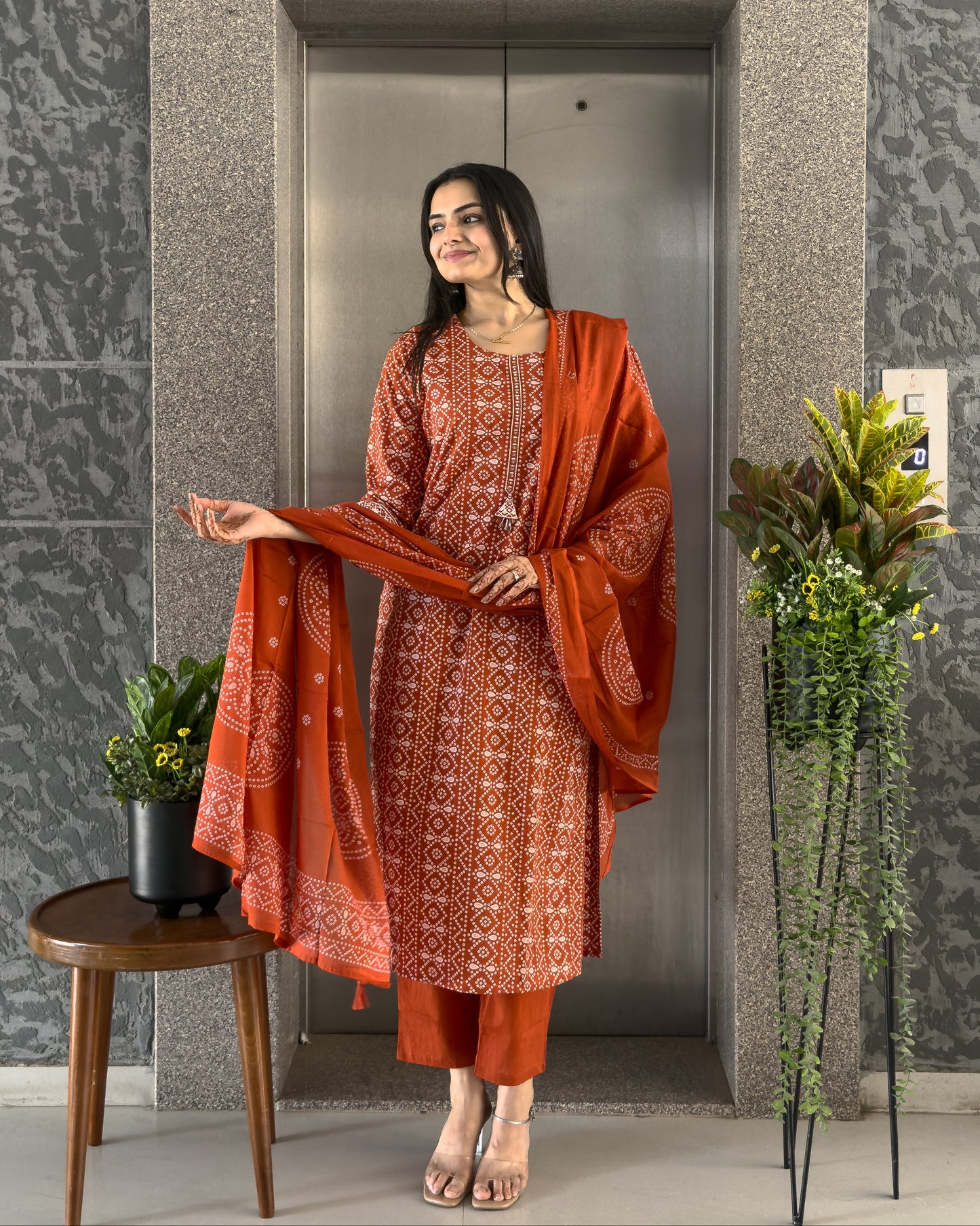 Orange Cotton Bandhani Kurta Pant Set with Dupatta