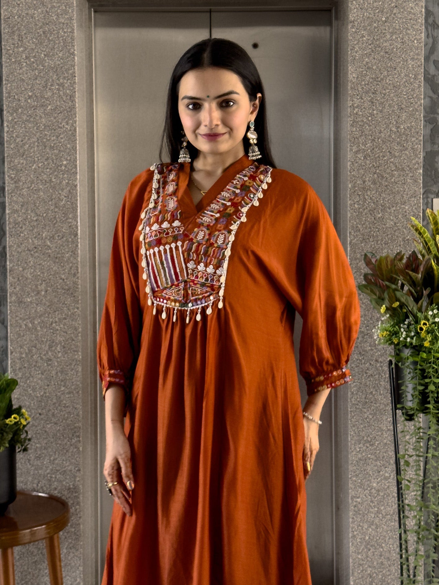 Rust Anarkali Kurta Pant Set with Dupatta