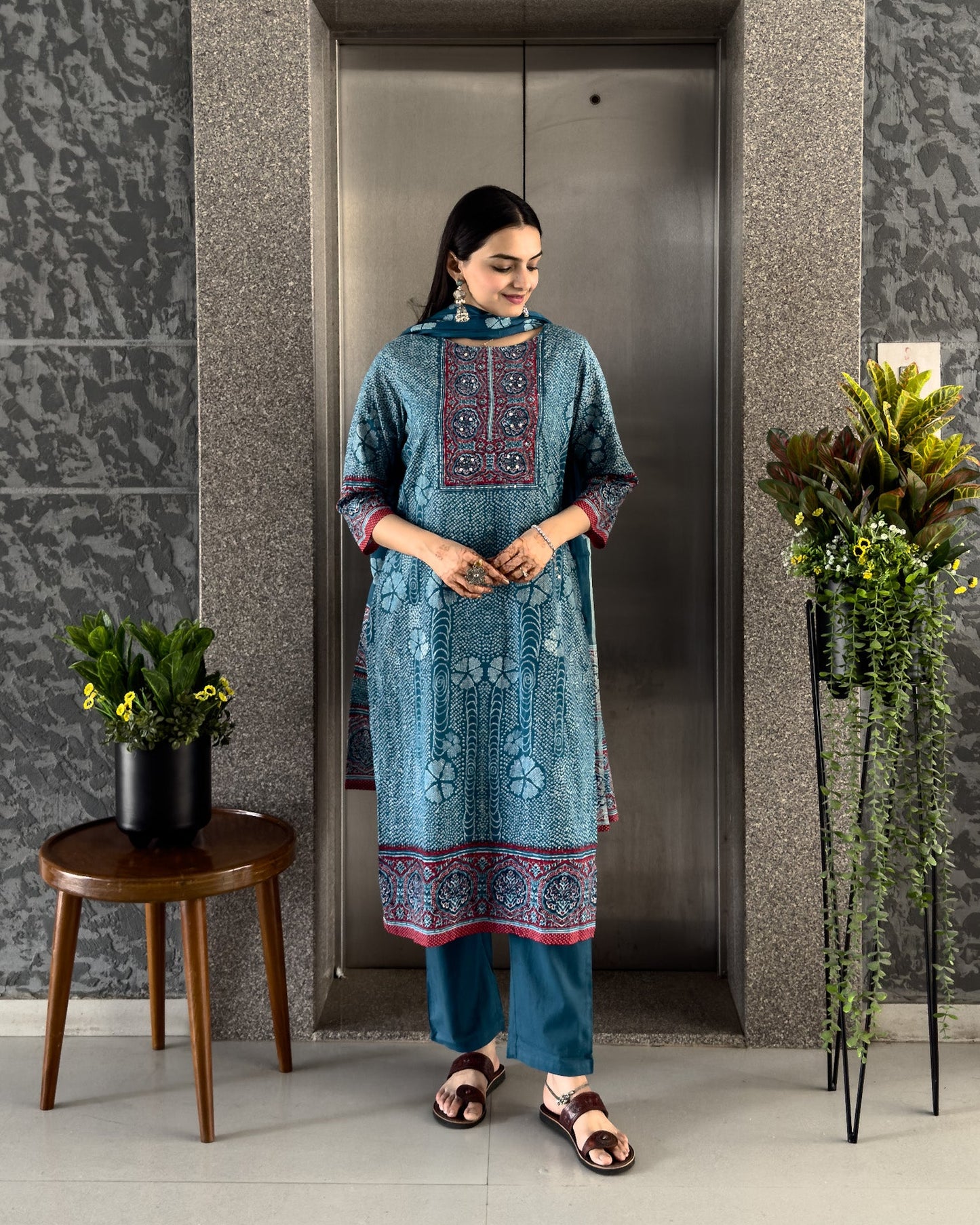 Blue Straight Kurta Pant Set with Dupatta