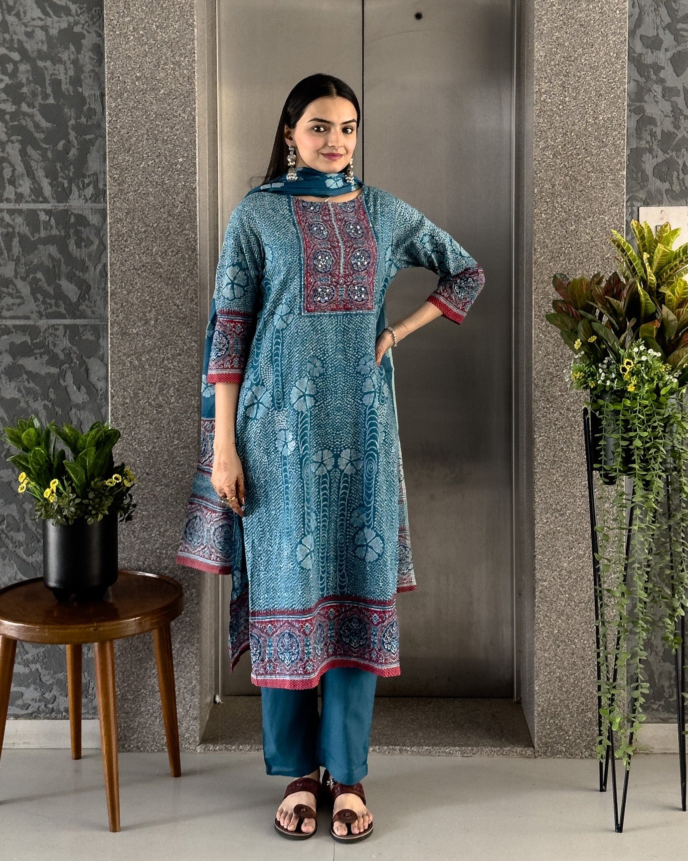 Blue Straight Kurta Pant Set with Dupatta