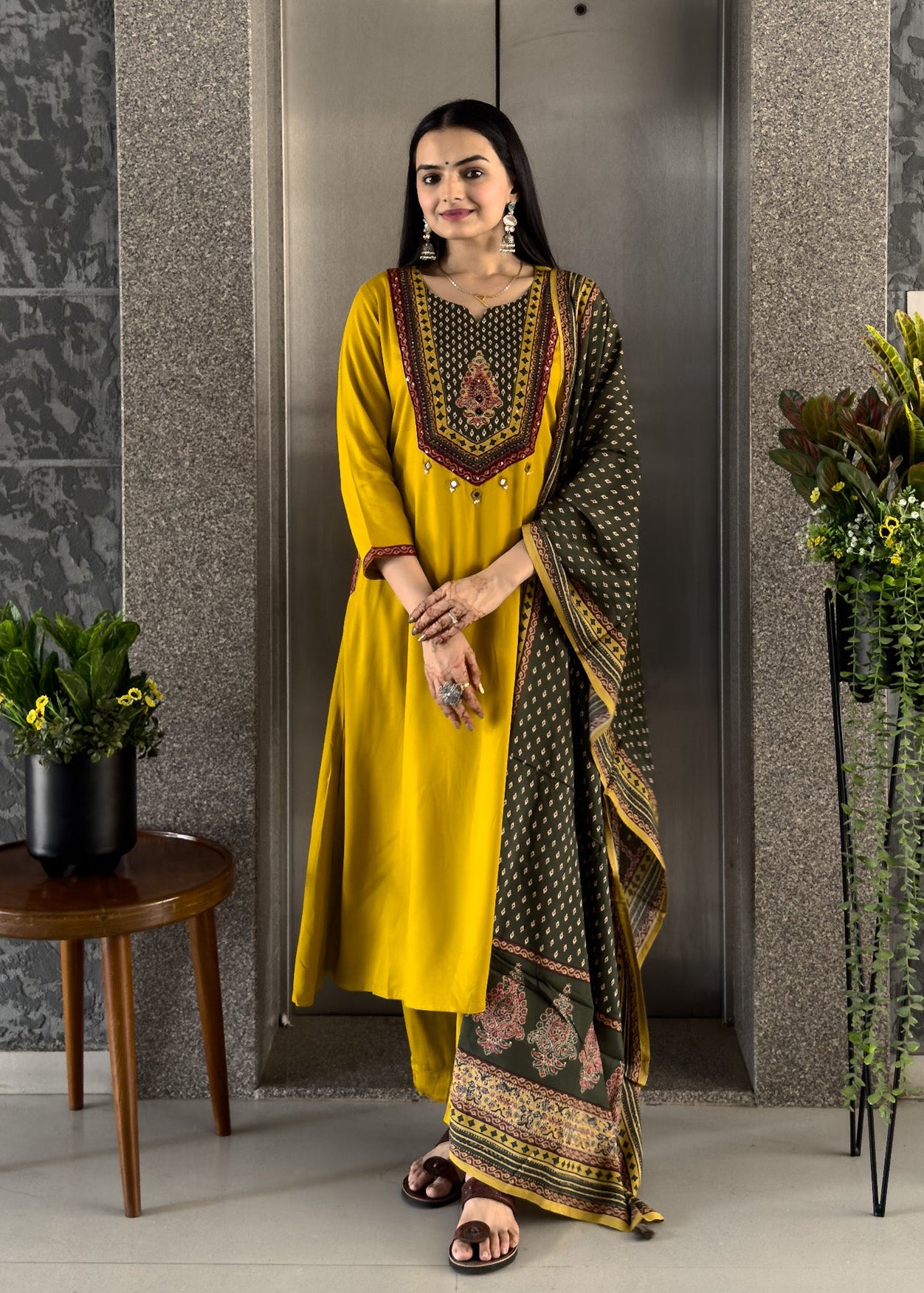 Yellow Gaji Silk A-line Kurta Pant Set with Dupatta