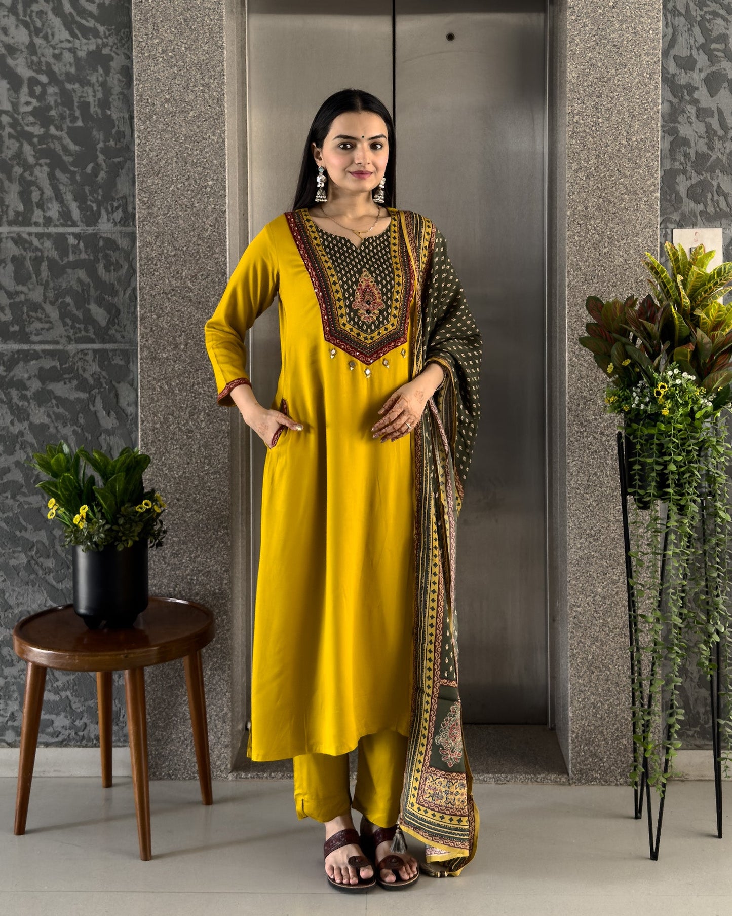 Yellow Gaji Silk A-line Kurta Pant Set with Dupatta