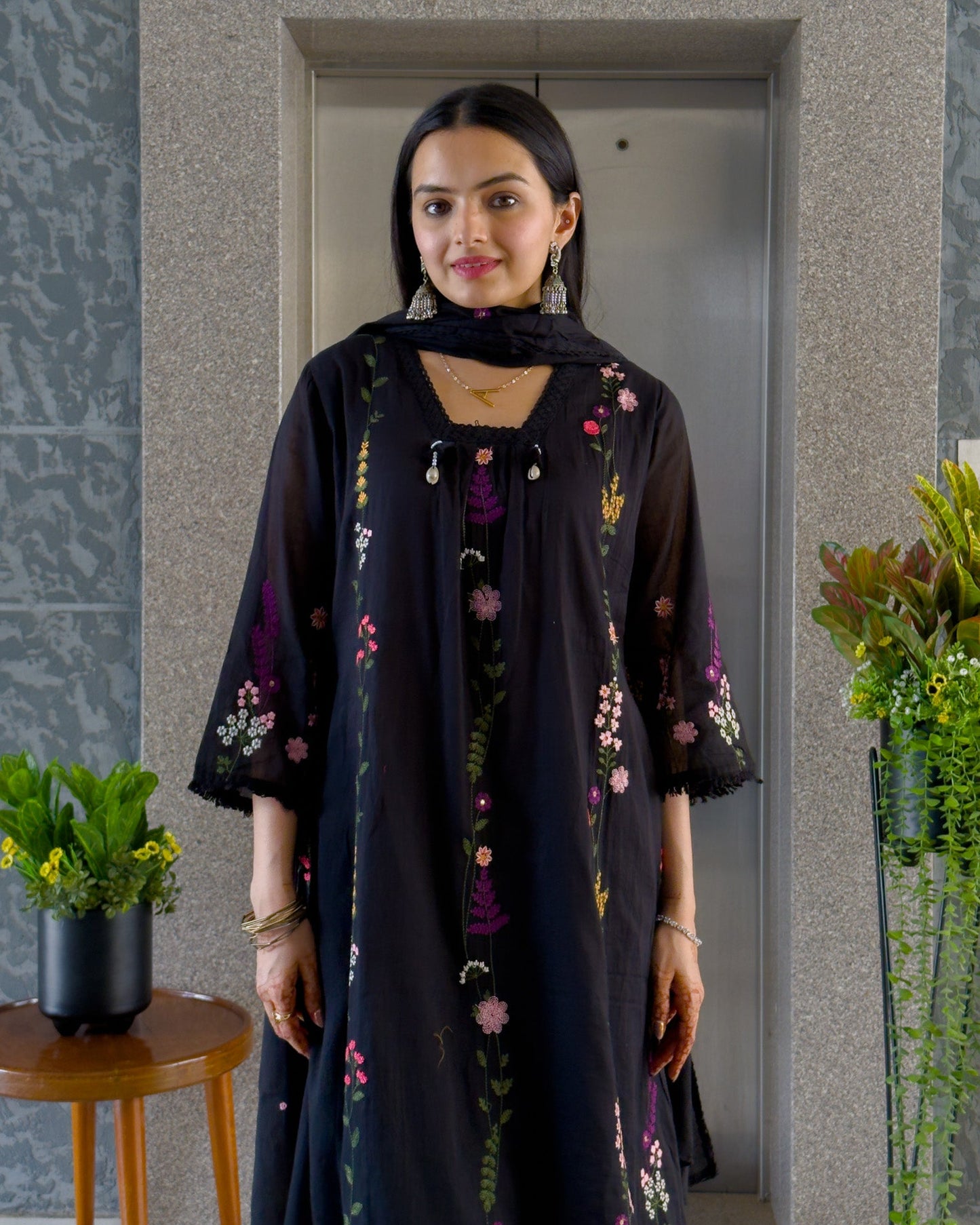 Black Mal Cotton Kurta Pant Set with Dupatta