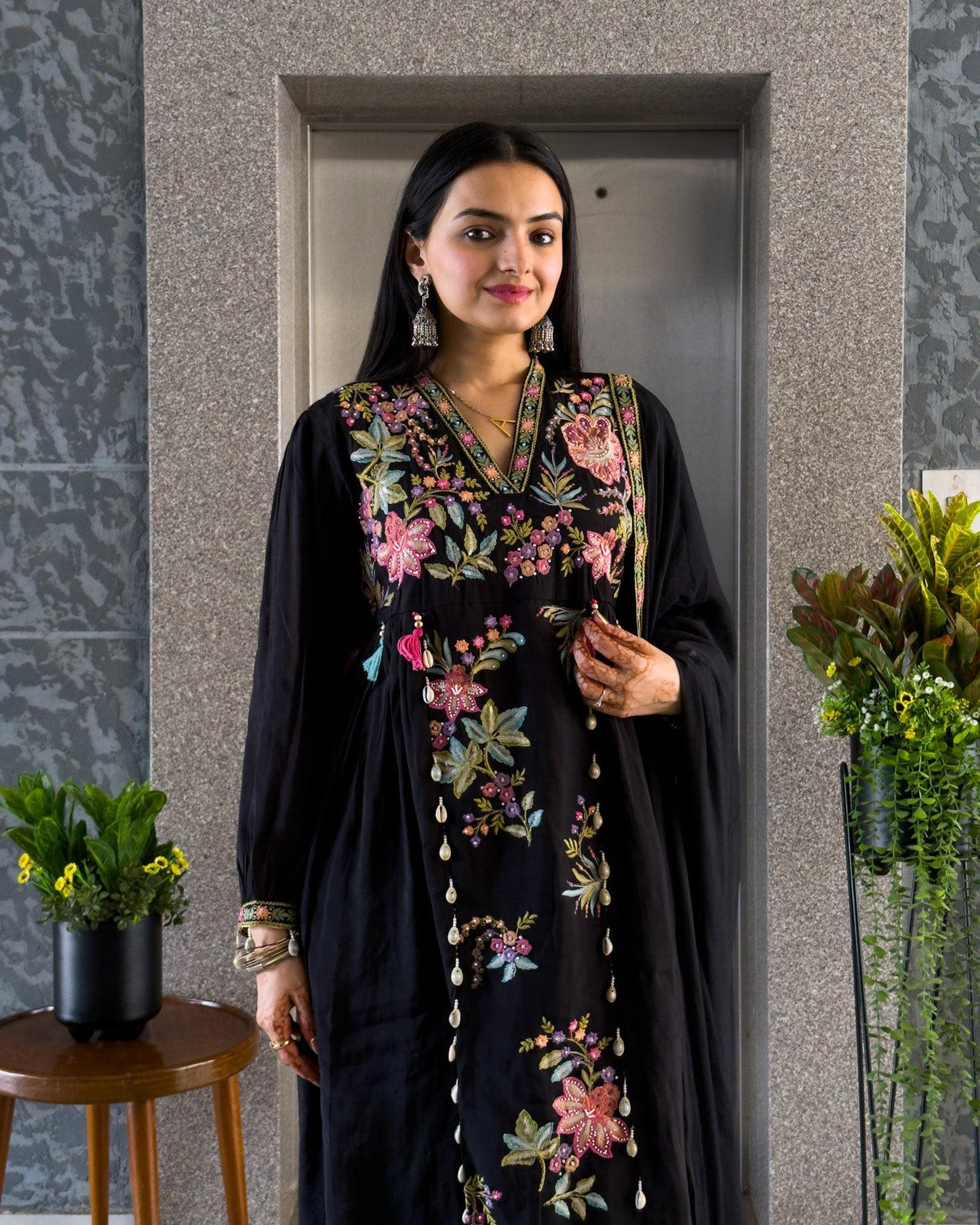 Black Maslin Round Kurta Pant Set with Dupatta