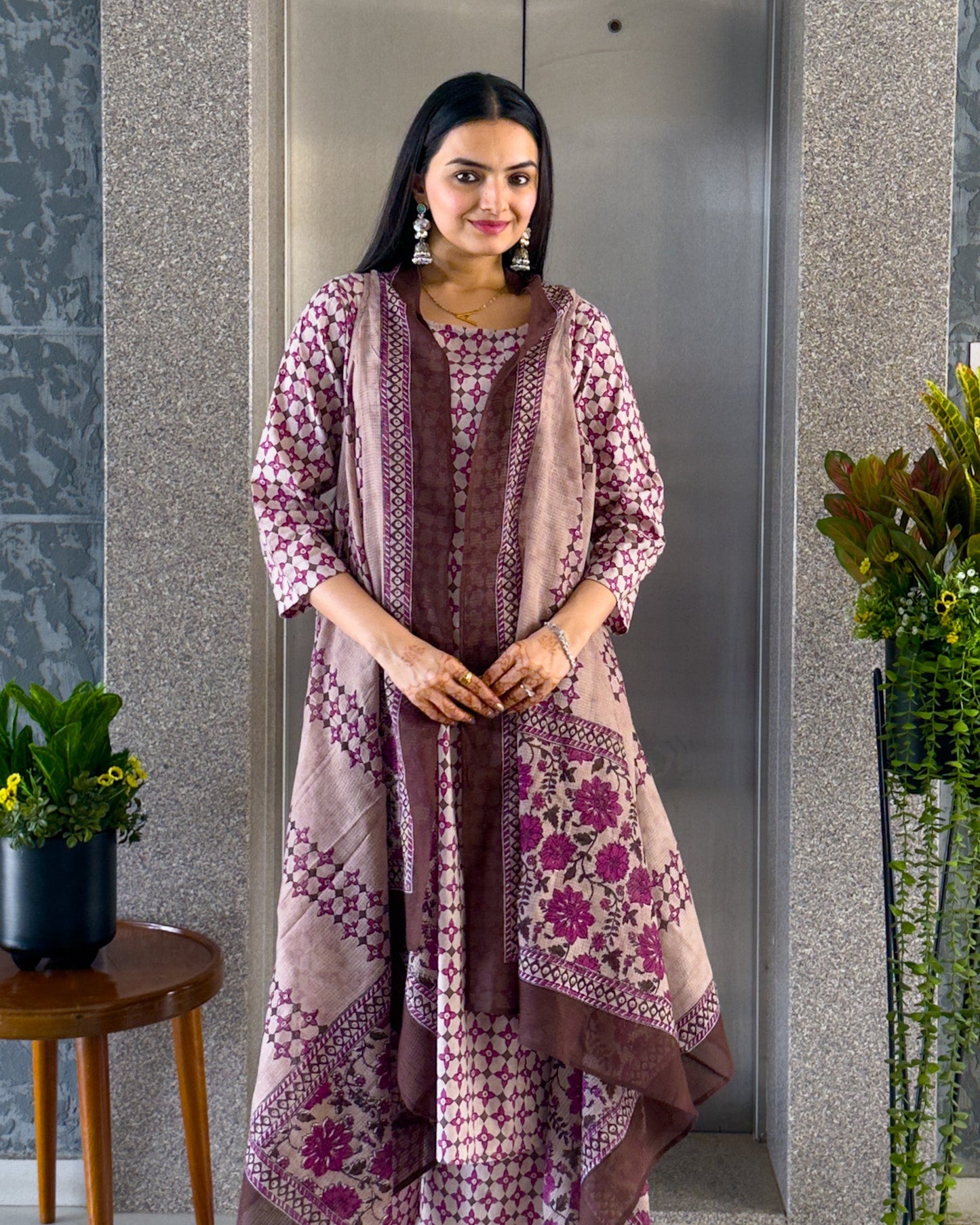 Purple Printed Round Kurta Palazzo Set with Strug