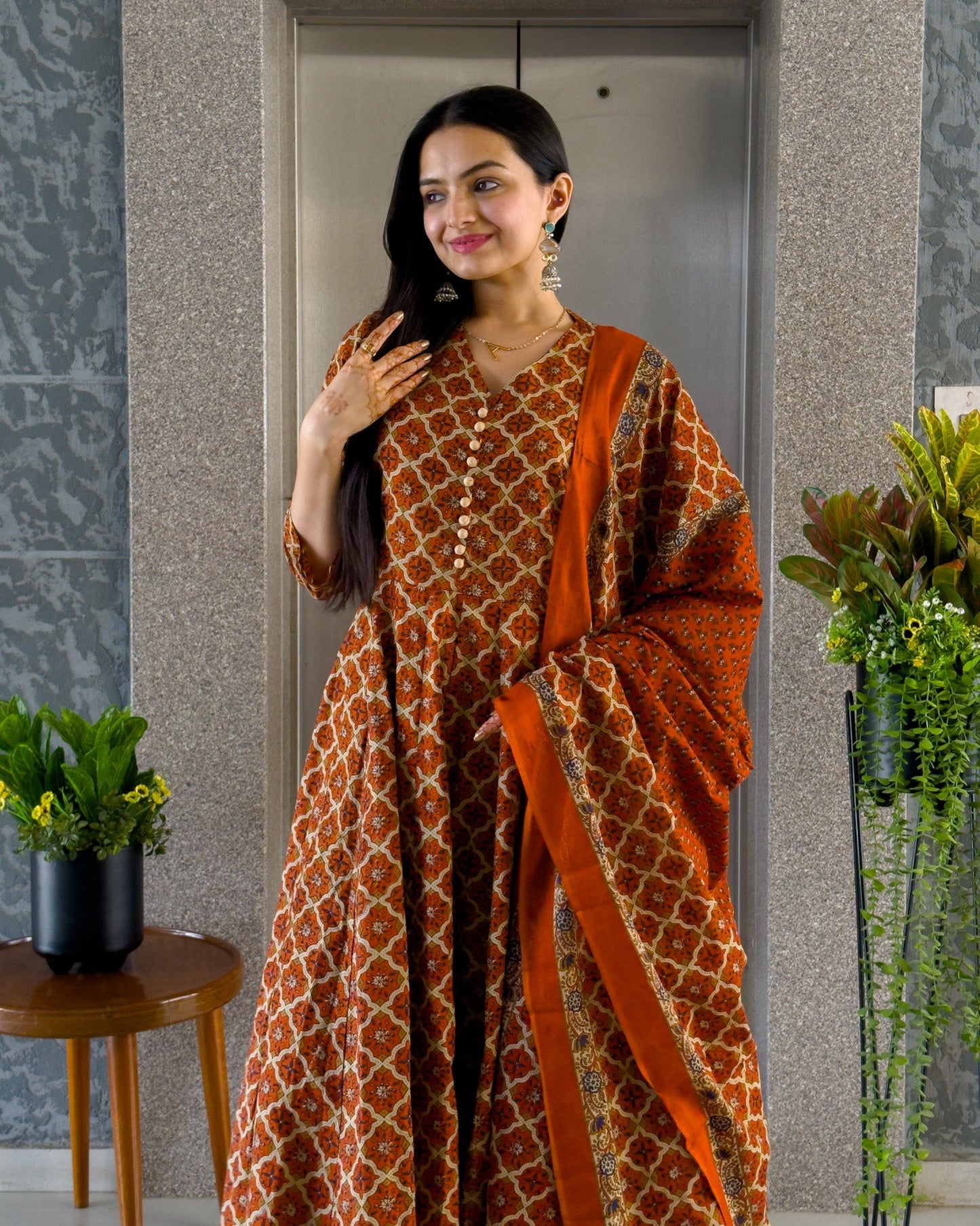 Rust Anarkali Kurta Palazzo Set with Dupatta