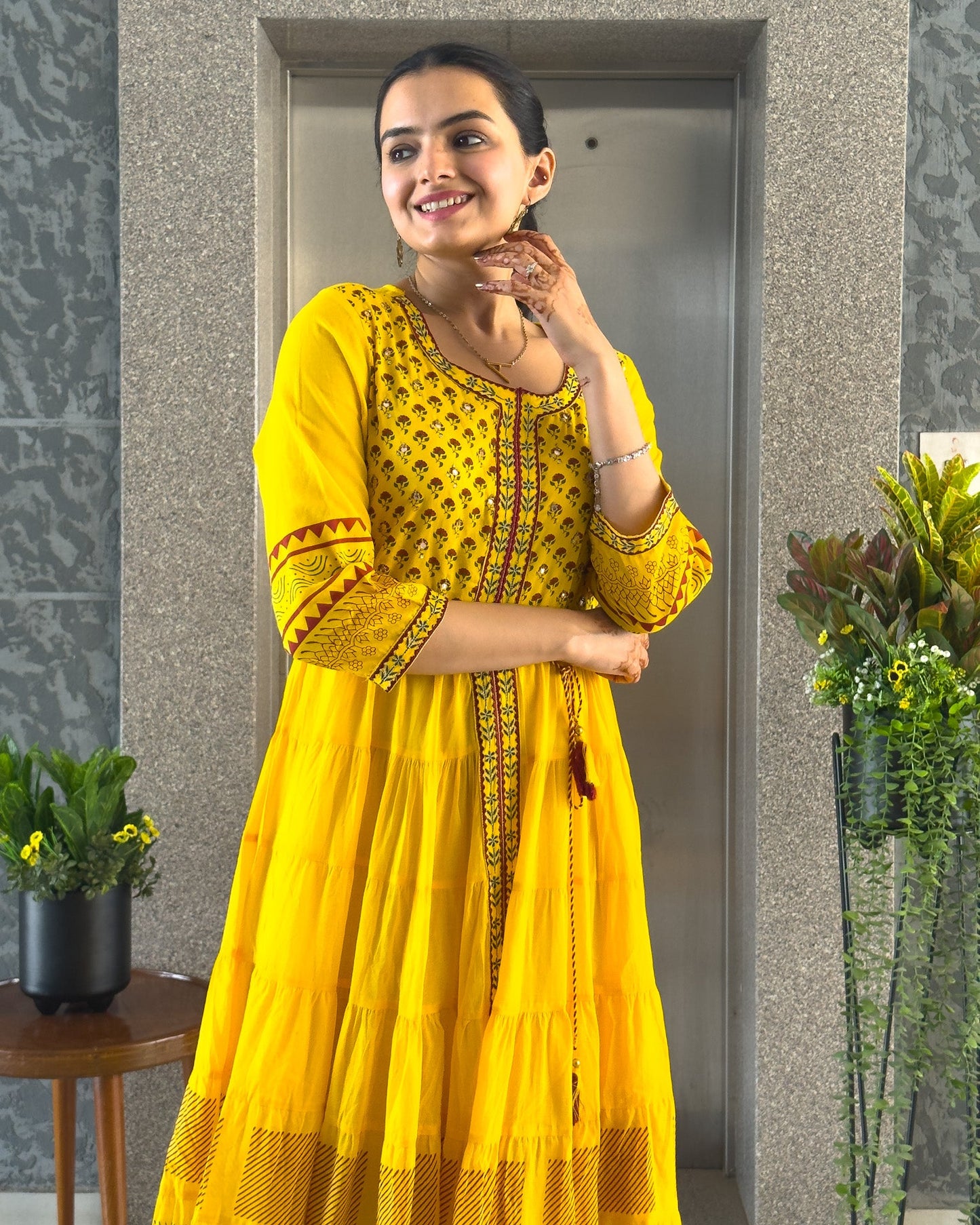 Yellow Printed Gown For Girls