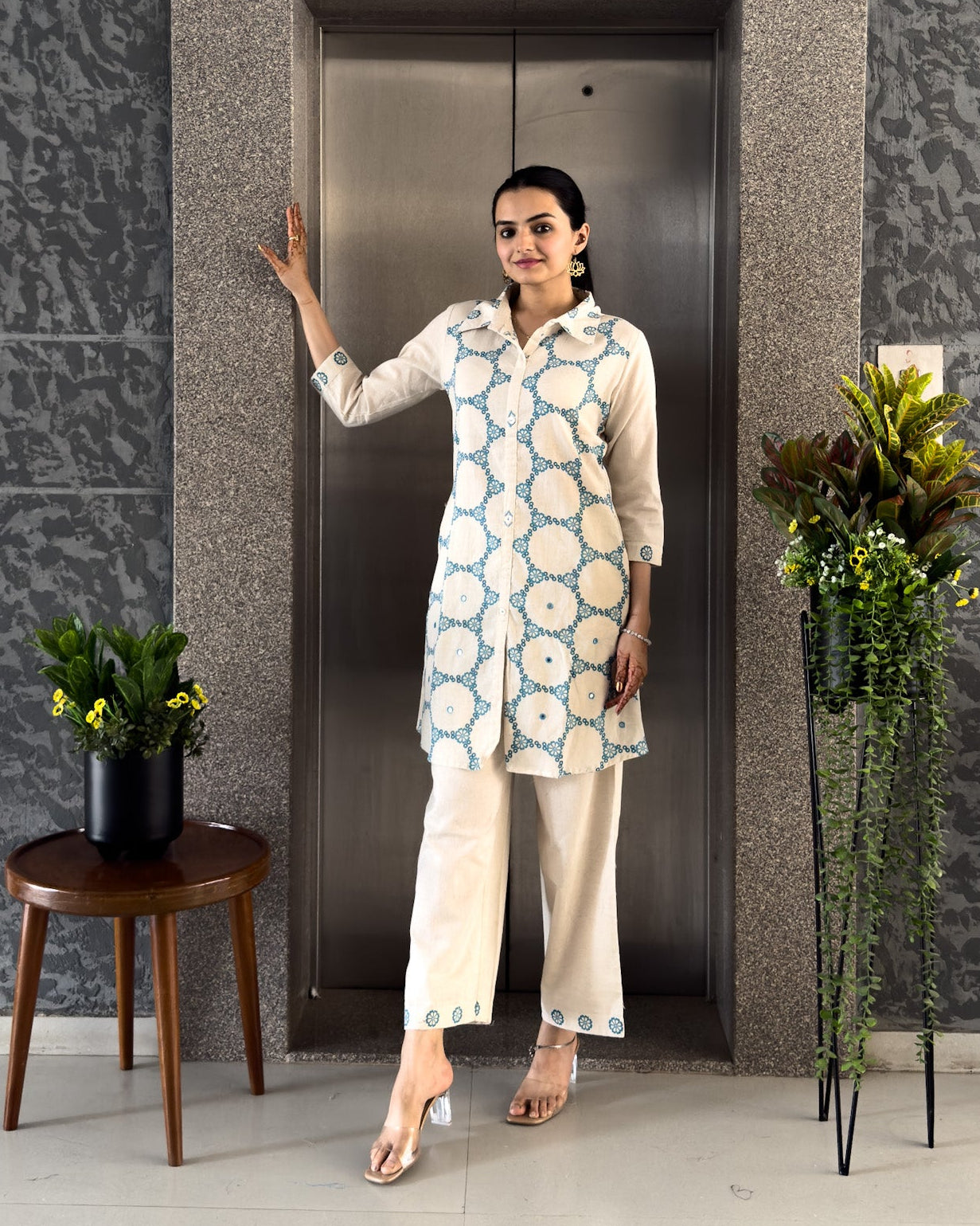 Sky Blue Khadi Cotton Co ord Set Women