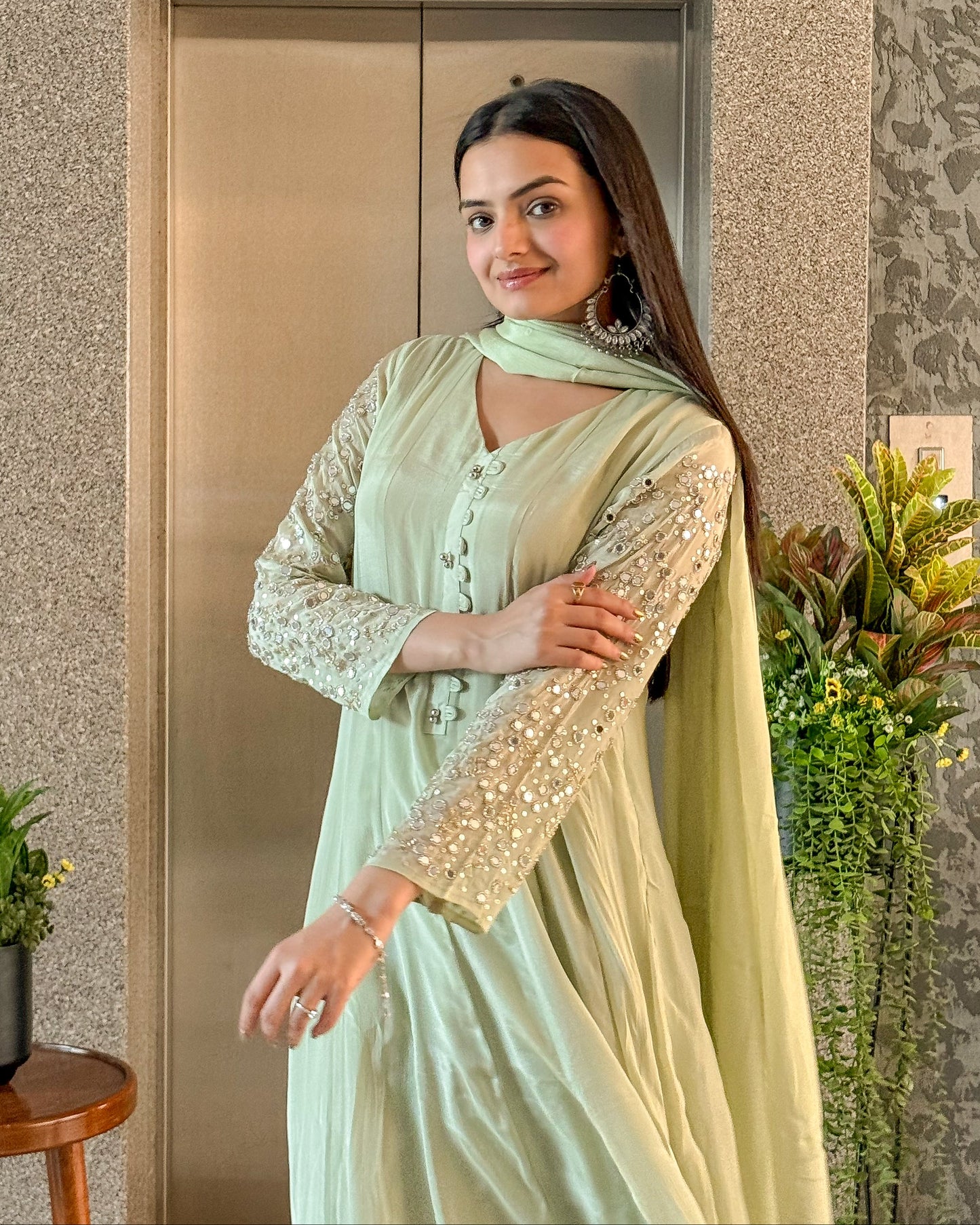 Pista Anarkali Kurta Pant with Dupatta Set