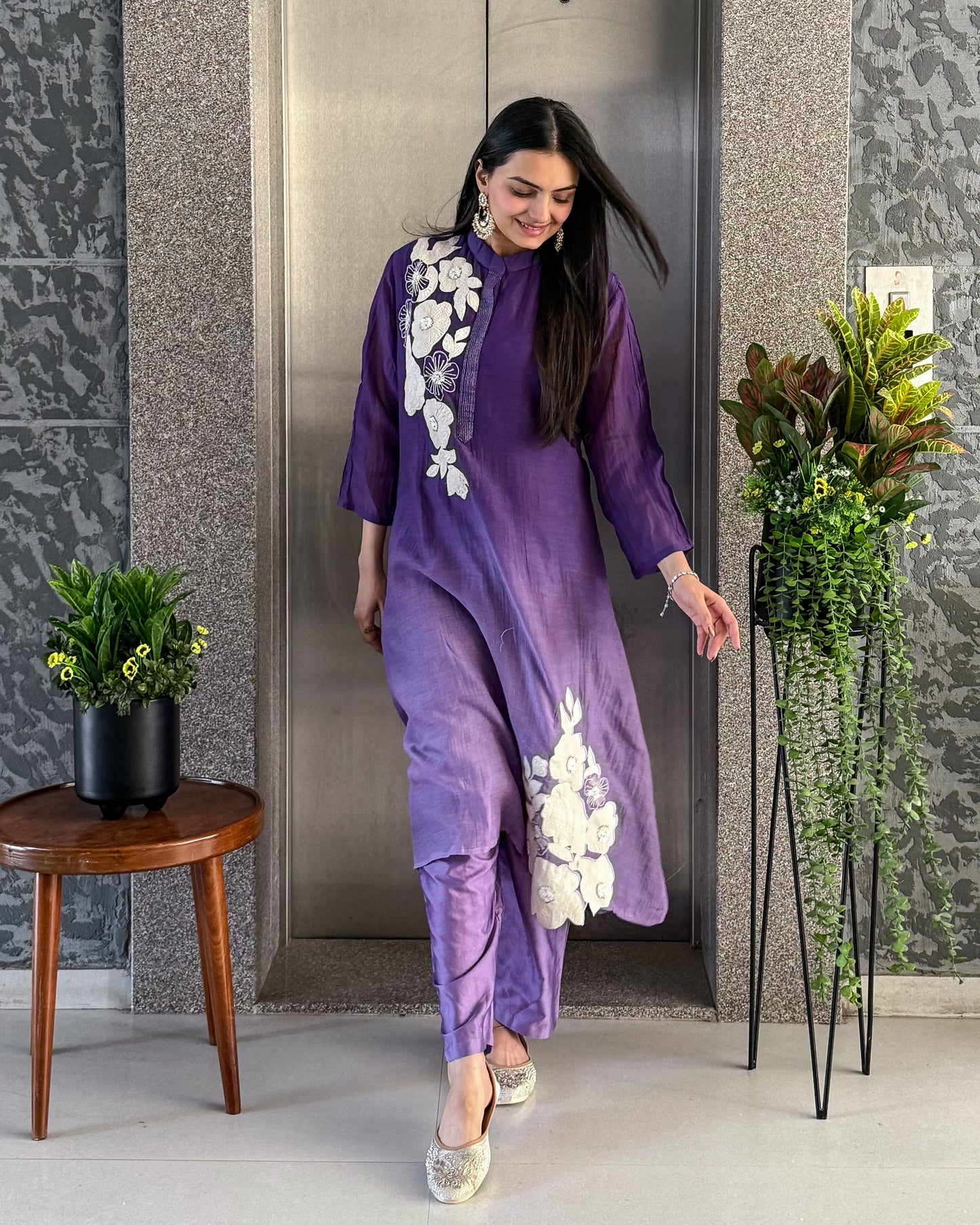 purple A-Line Kurta Pant Set for Women