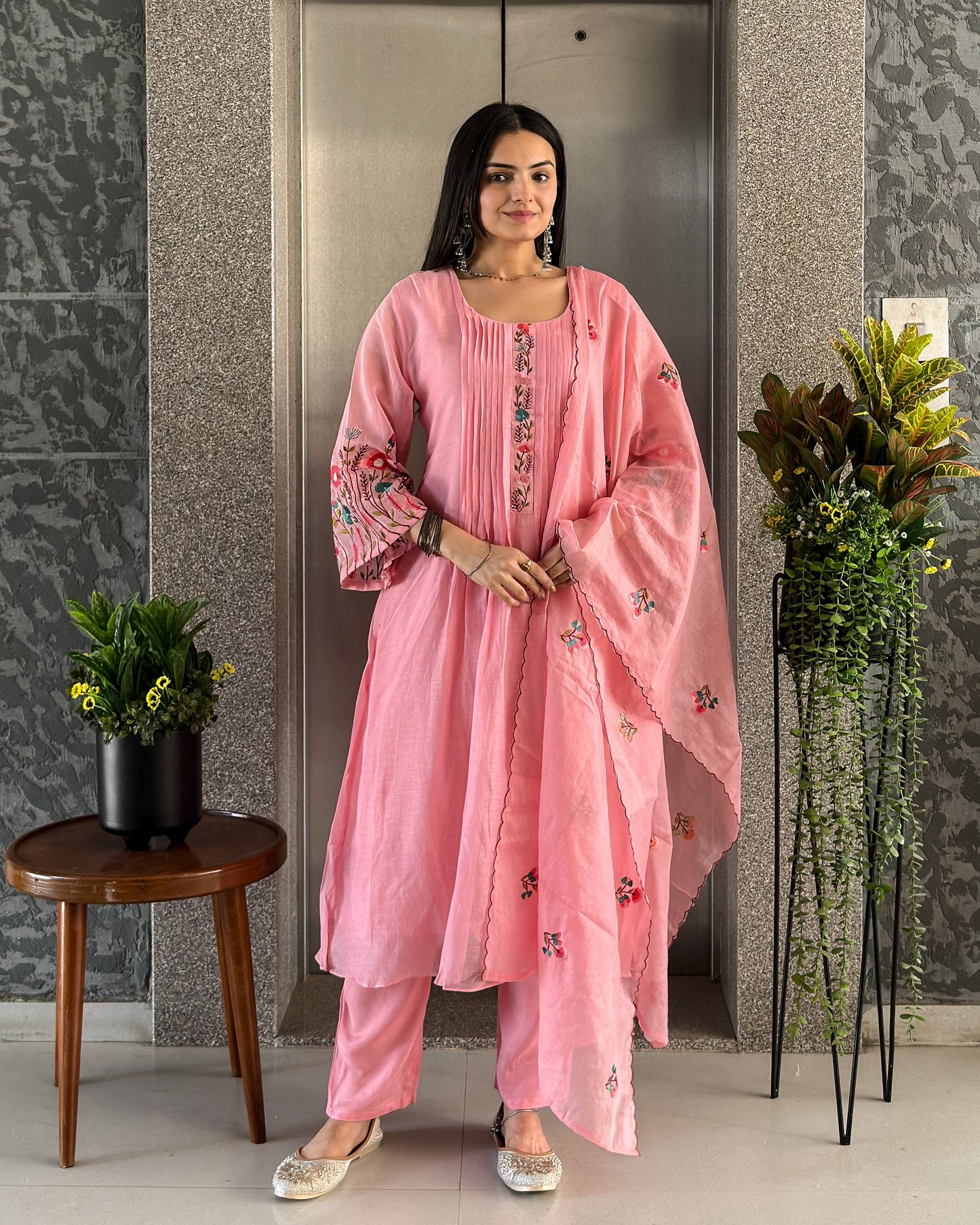 Light Pink A-line Kurta Pant Set with Dupatta