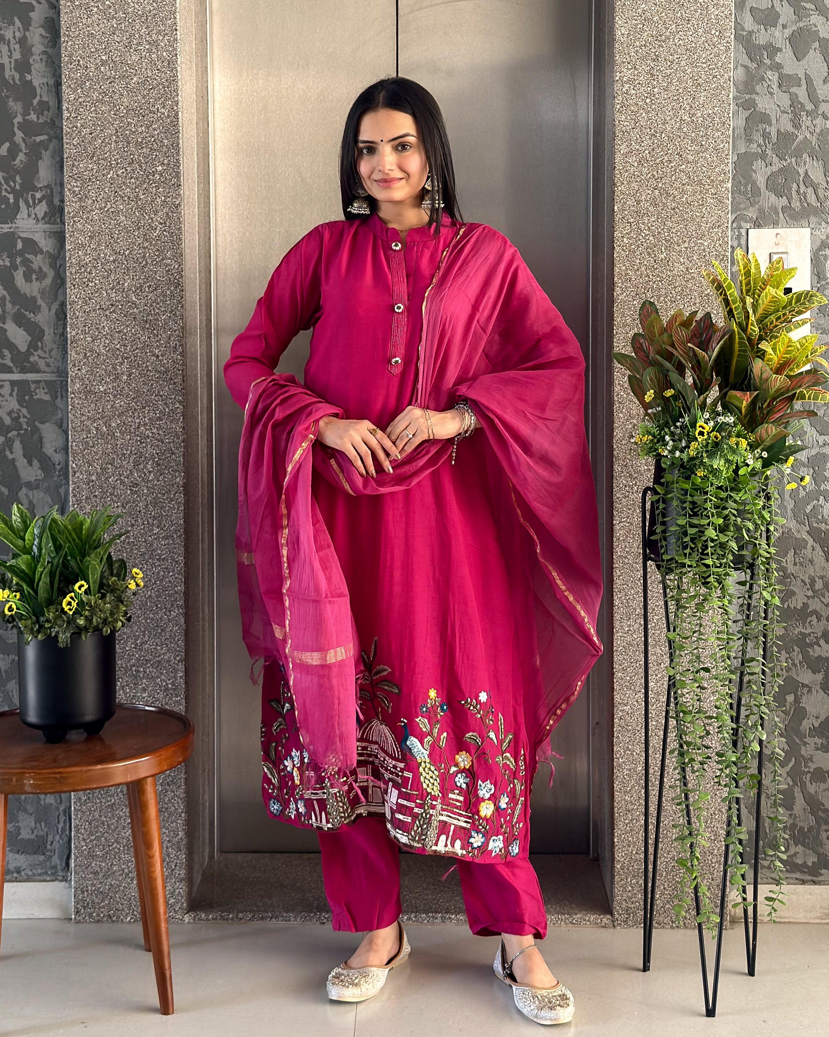 Dark Pink A Line Kurta Pant Set with Dupatta