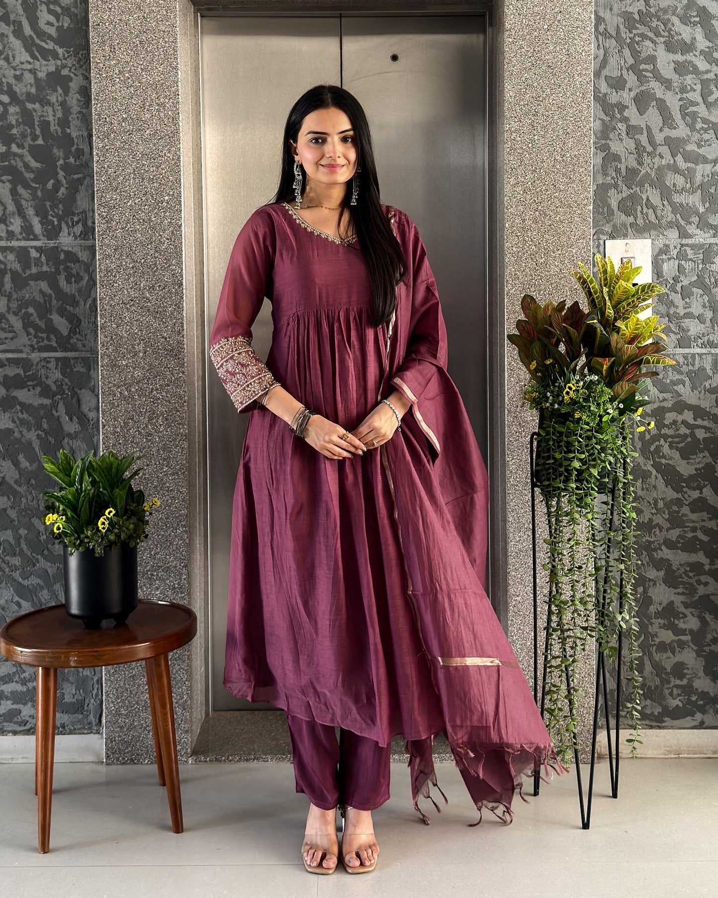 Wine Round Kurta Pant with Dupatta Set