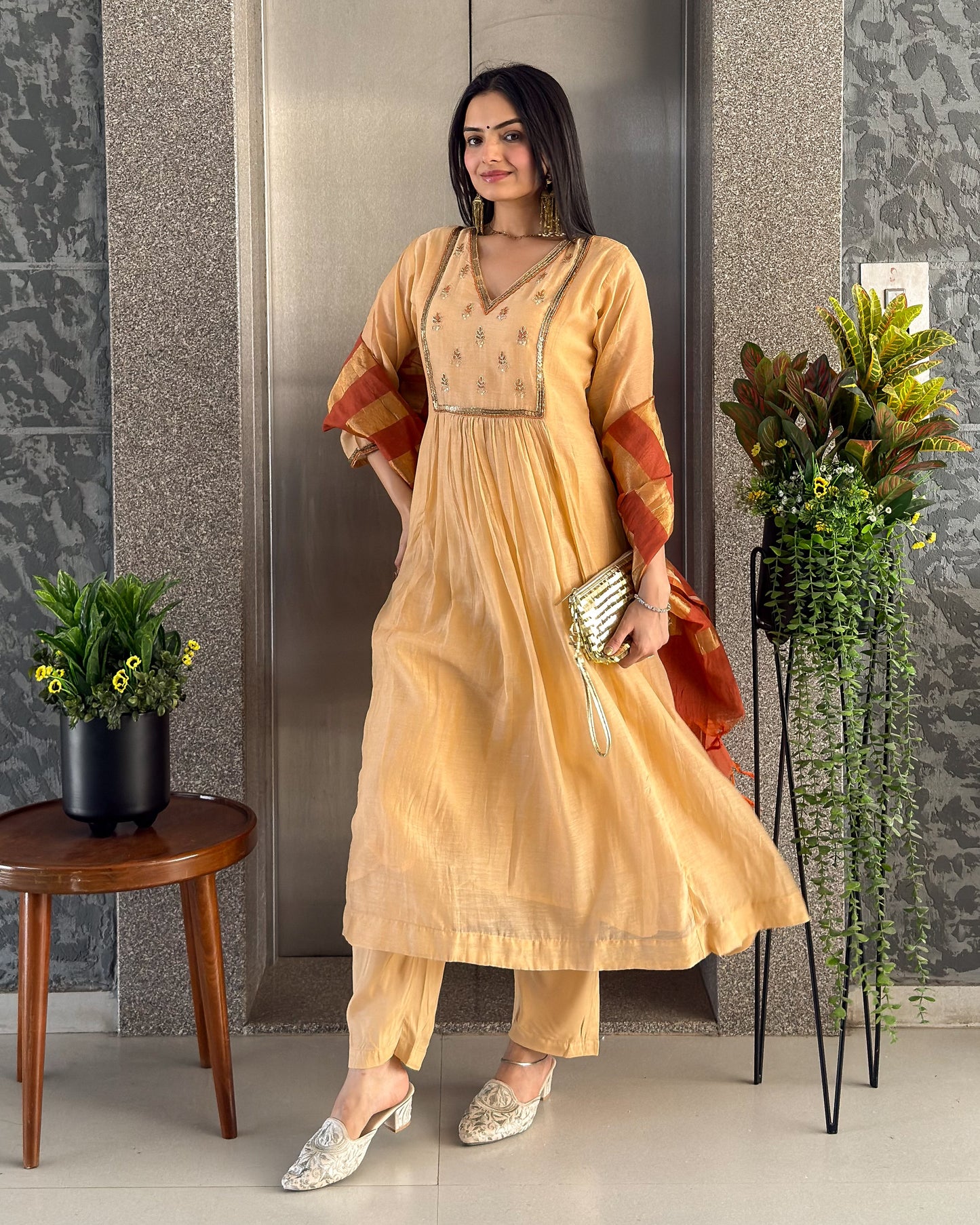 Dark Cream A-Line Kurta Pant Set With Dupatta