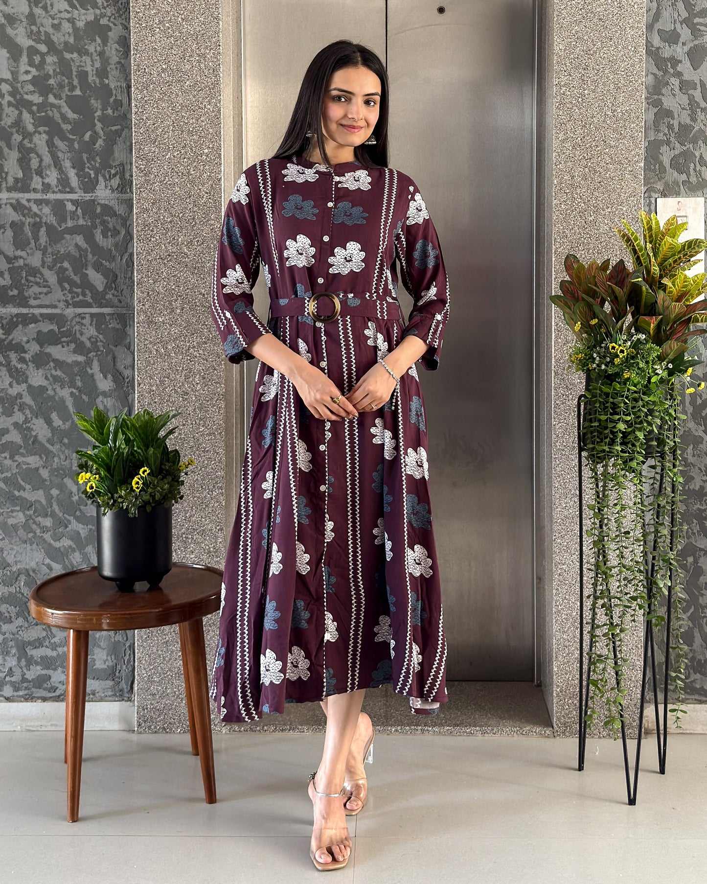 Wine Printed One Piece Dress for Womens