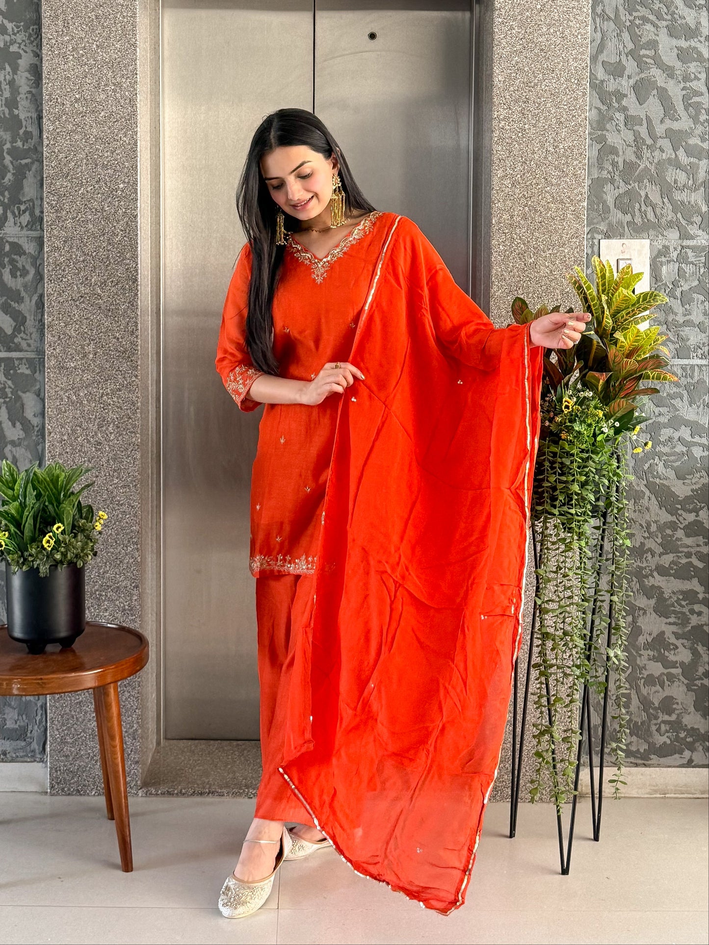 Orange Short Kurta Palazzo Set with Dupatta