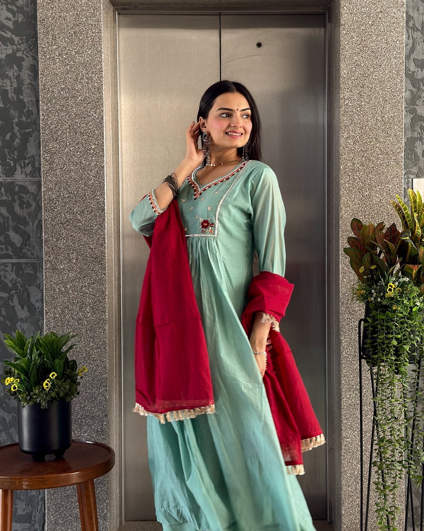 Sea Green Round Kurta Pant with Dupatta Set